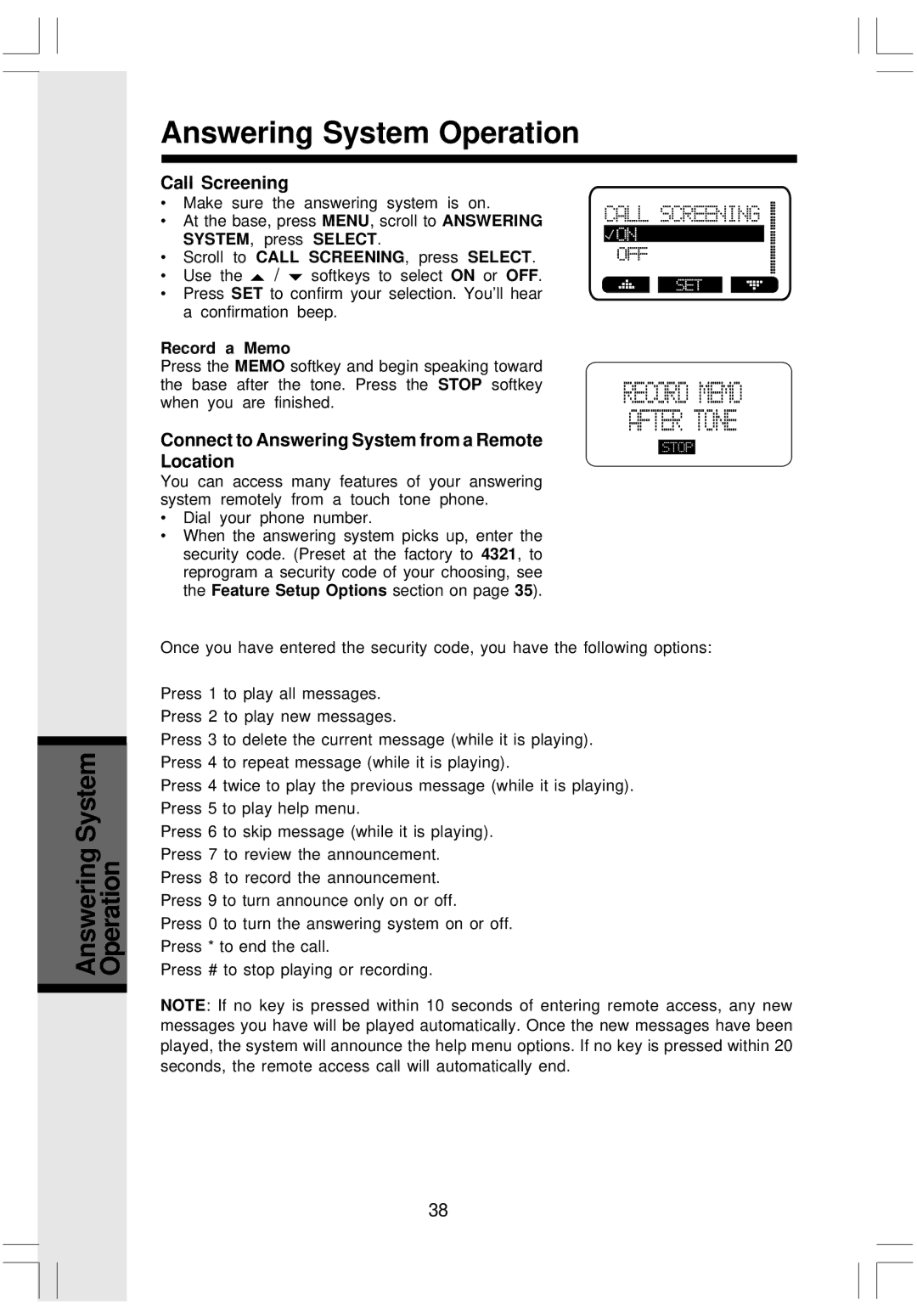 VTech i 5808 Call Screening, Connect to Answering System from a Remote Location, Scroll to Call SCREENING, press Select 