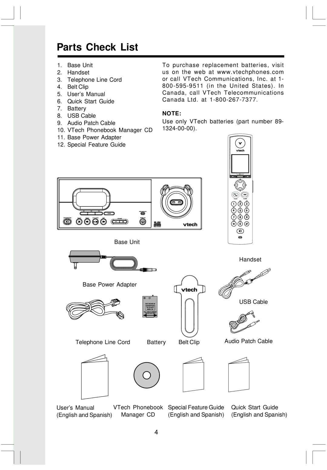 VTech i 5808 important safety instructions Parts Check List 