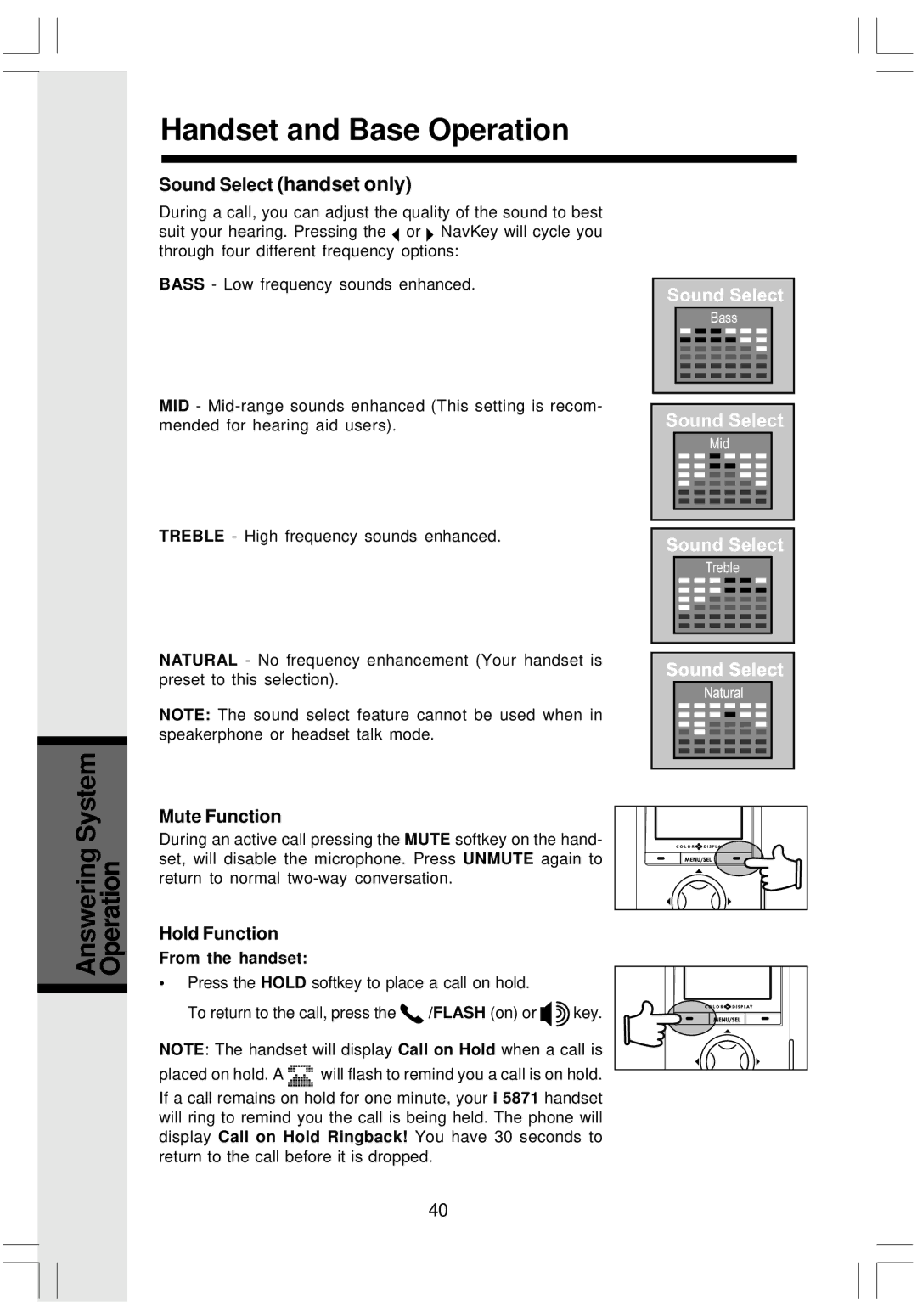 VTech i 5808 important safety instructions Mute Function, Hold Function 