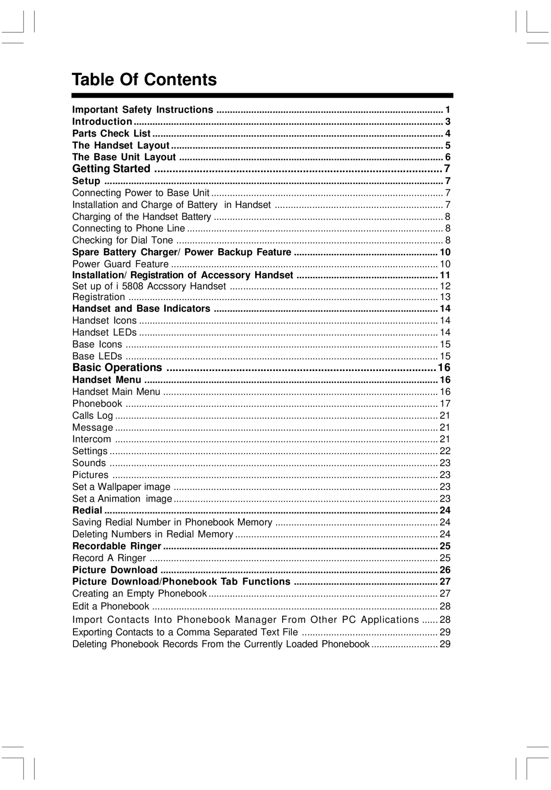 VTech i 5808 important safety instructions Table Of Contents 