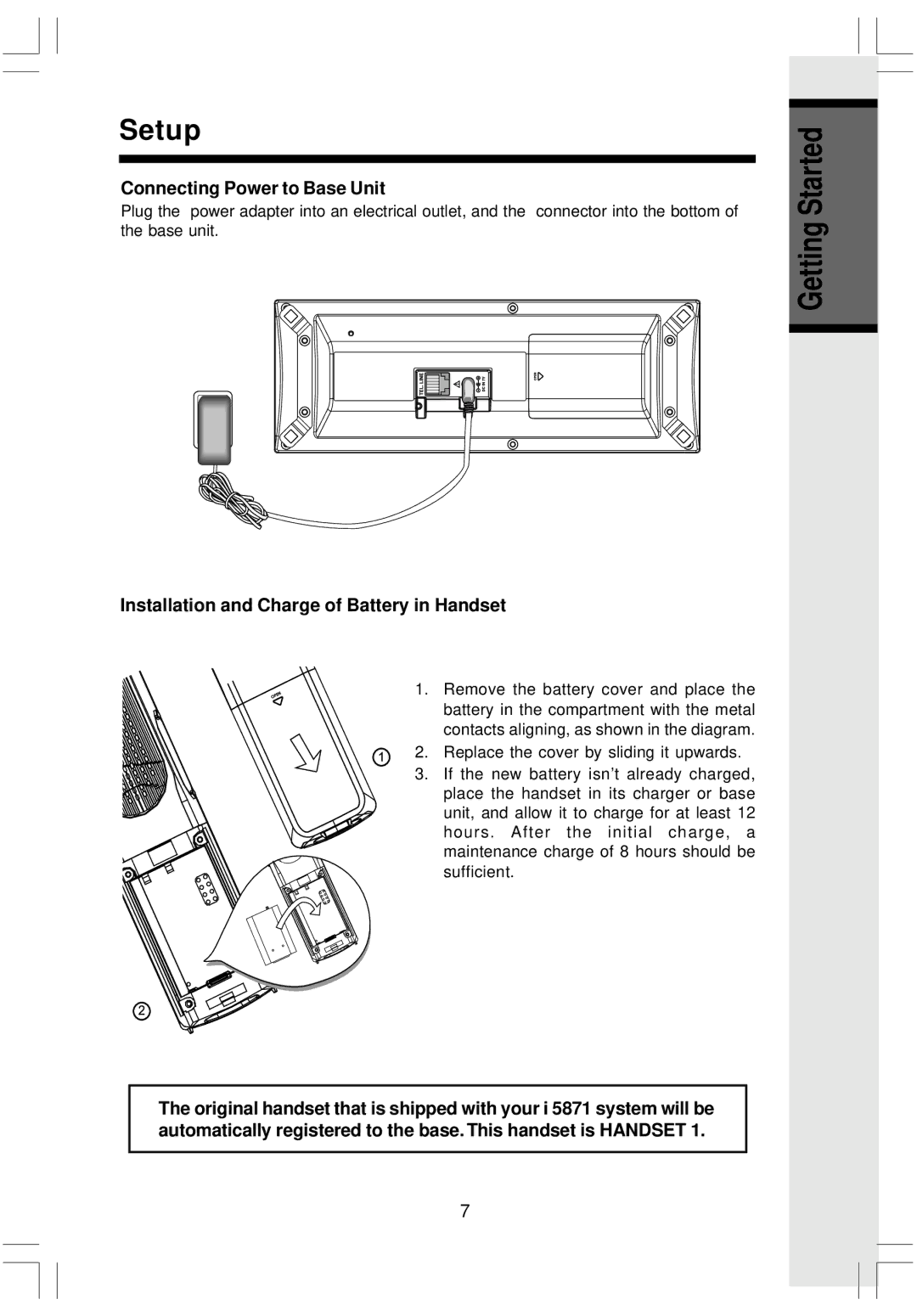 VTech i 5808 Setup, Connecting Power to Base Unit, Installation and Charge of Battery in Handset 