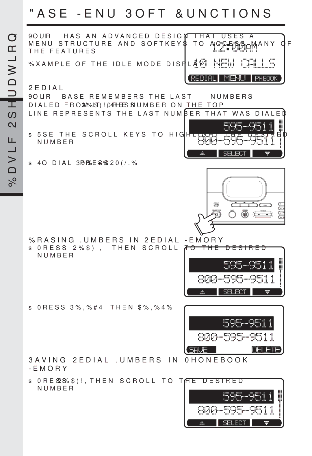 VTech I 5858 Base Menu Soft Functions, Erasing Numbers in Redial Memory, Saving Redial Numbers in Phonebook Memory 