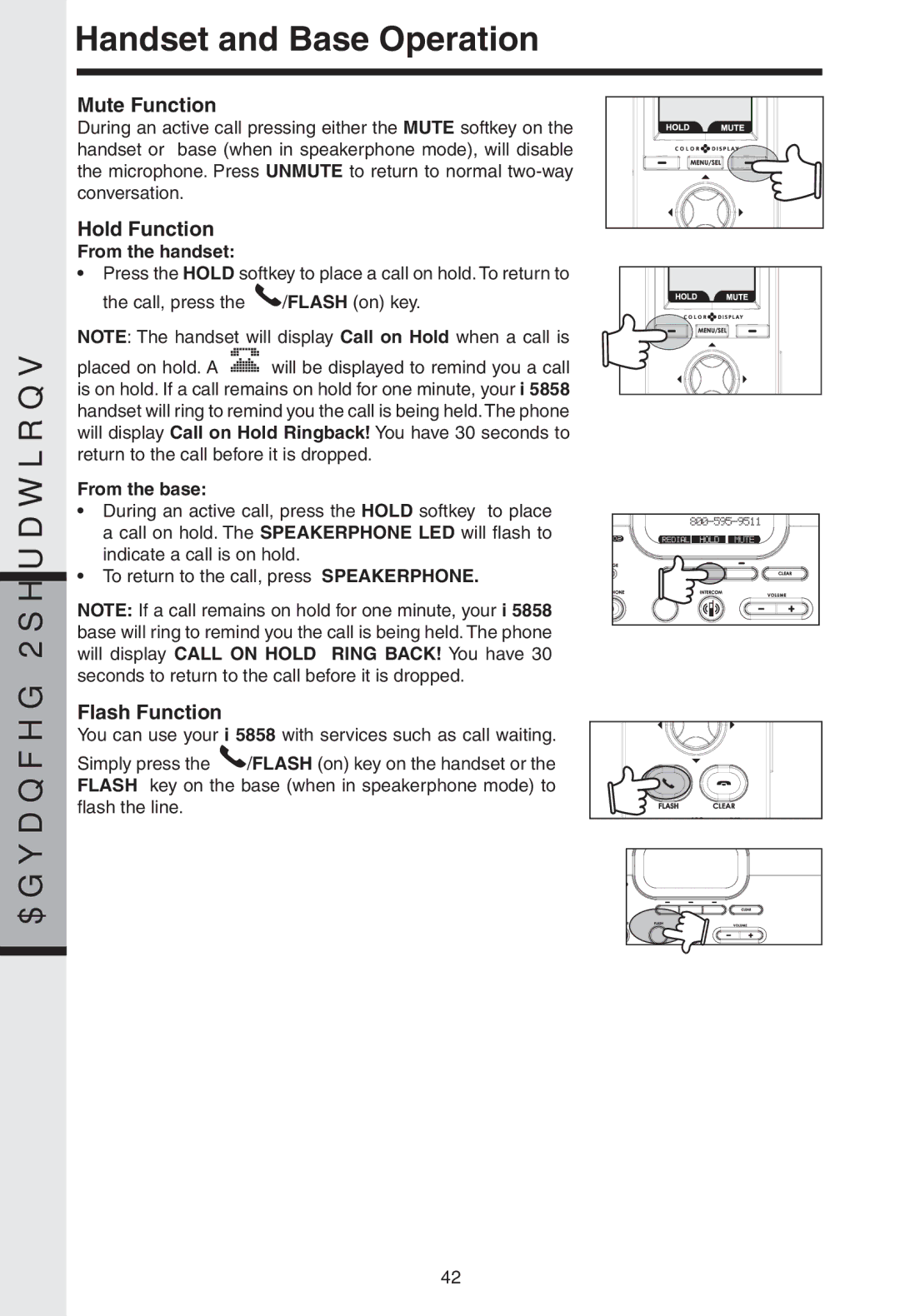 VTech I 5858 user manual Mute Function, Hold Function, Flash Function, From the handset, From the base 