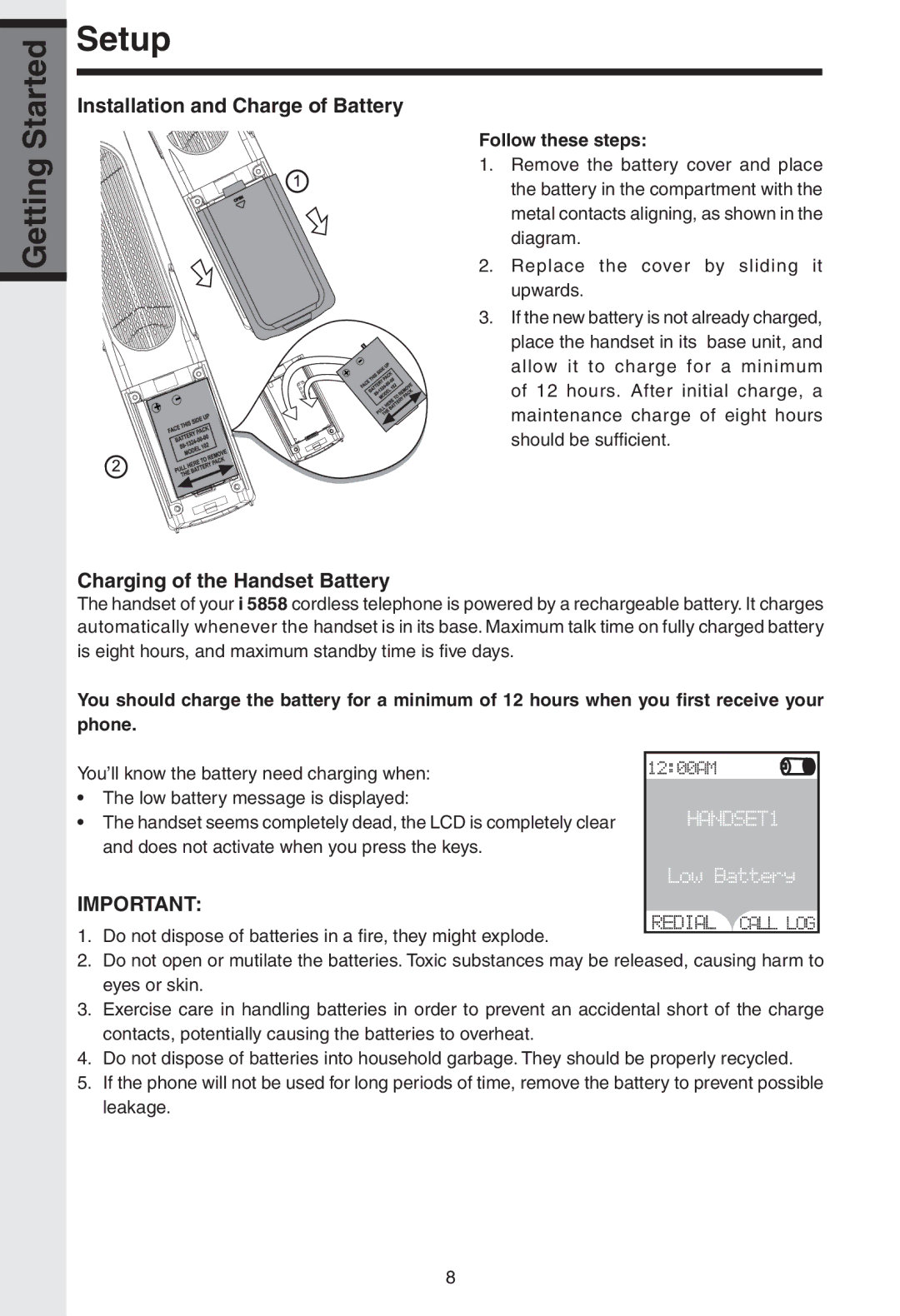 VTech I 5858 user manual Installation and Charge of Battery, Charging of the Handset Battery, Follow these steps 