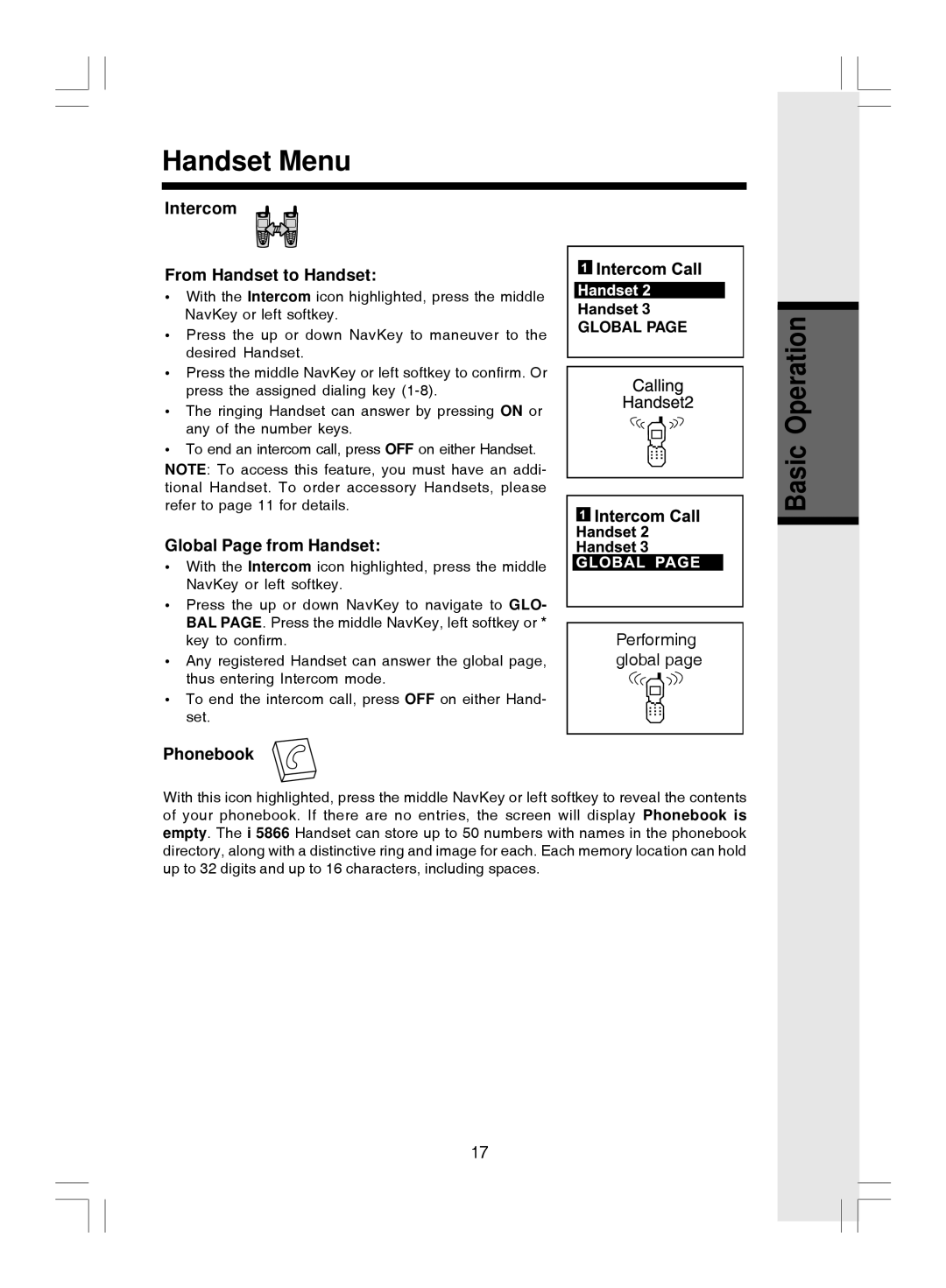 VTech i 5866 important safety instructions Intercom From Handset to Handset, Global Page from Handset, Phonebook 