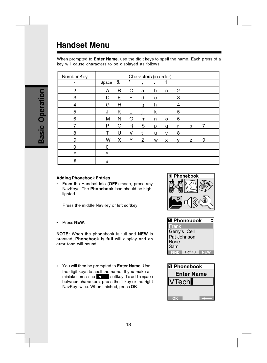 VTech i 5866 important safety instructions Basic, Adding Phonebook Entries 