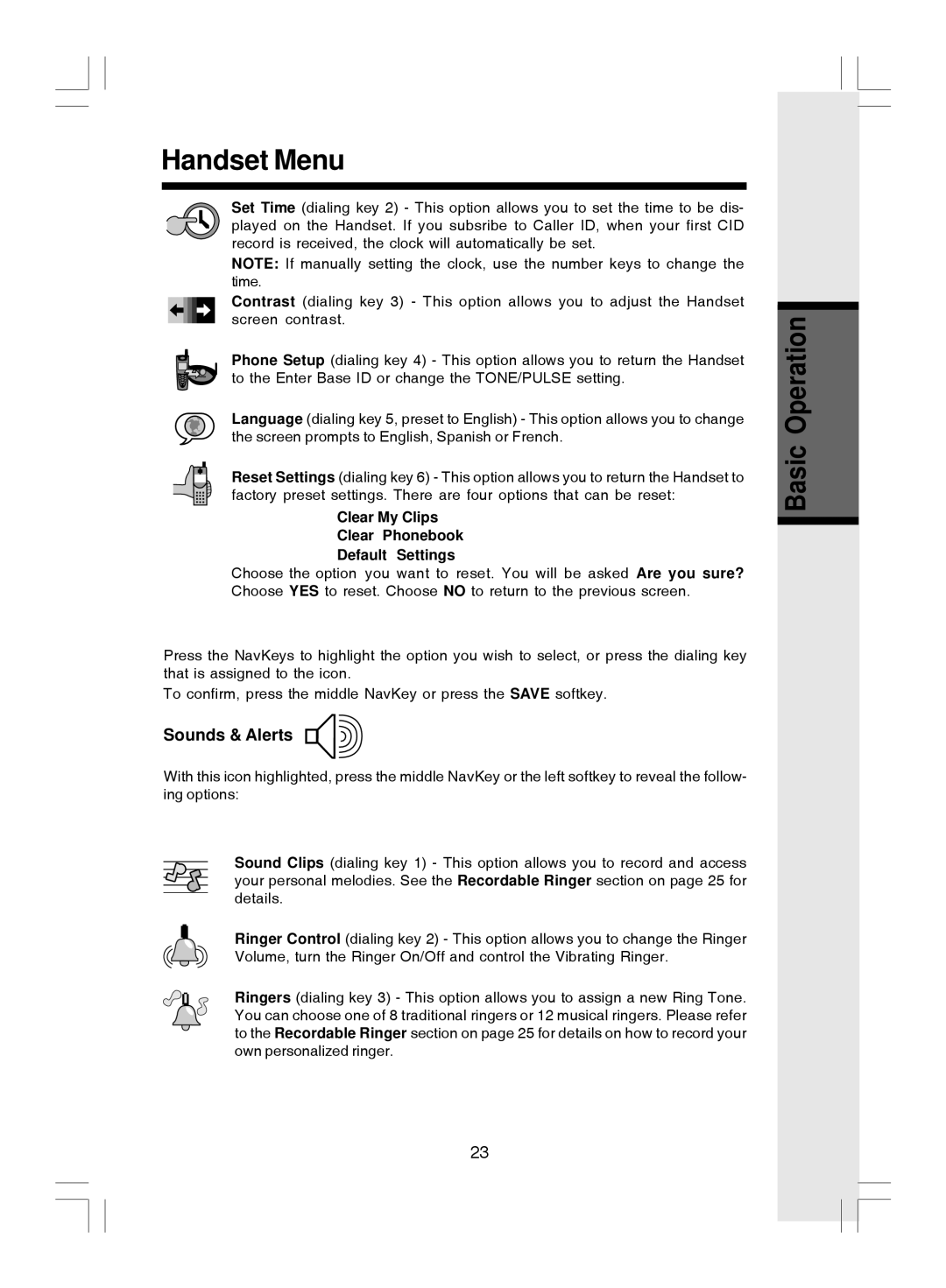 VTech i 5866 important safety instructions Sounds & Alerts, Clear My Clips Clear Phonebook Default Settings 