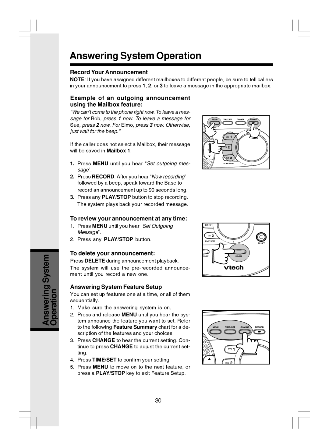 VTech i 5866 To review your announcement at any time, To delete your announcement, Answering System Feature Setup 