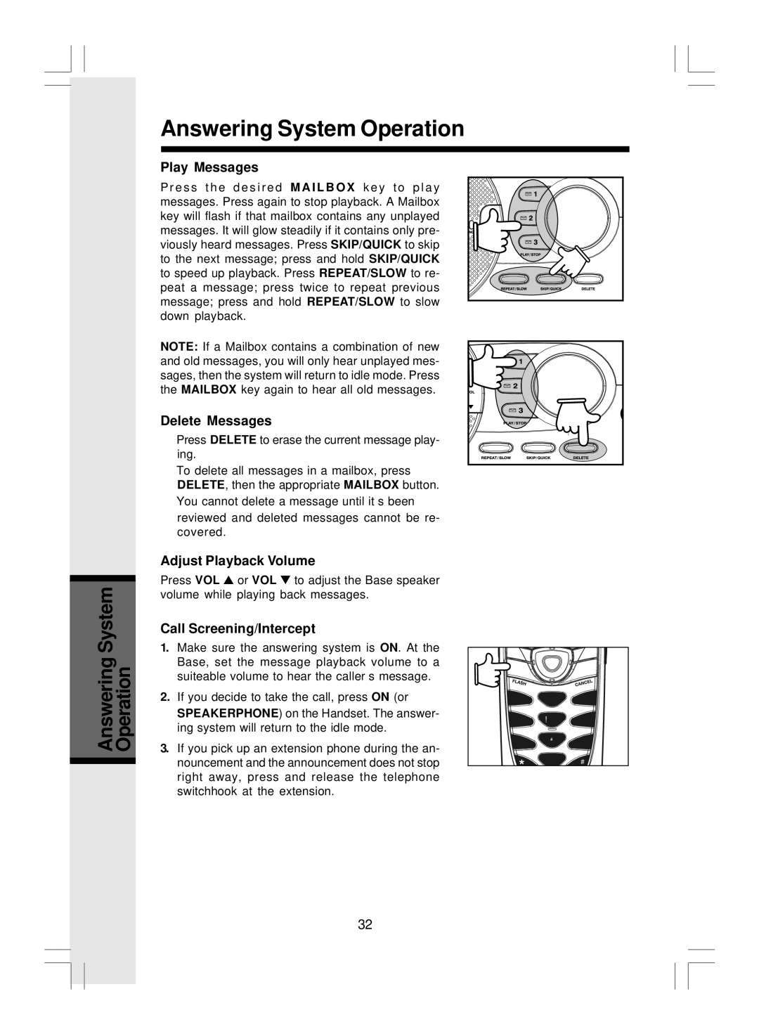 VTech i 5866 important safety instructions Play Messages, Delete Messages, Adjust Playback Volume, Call Screening/Intercept 