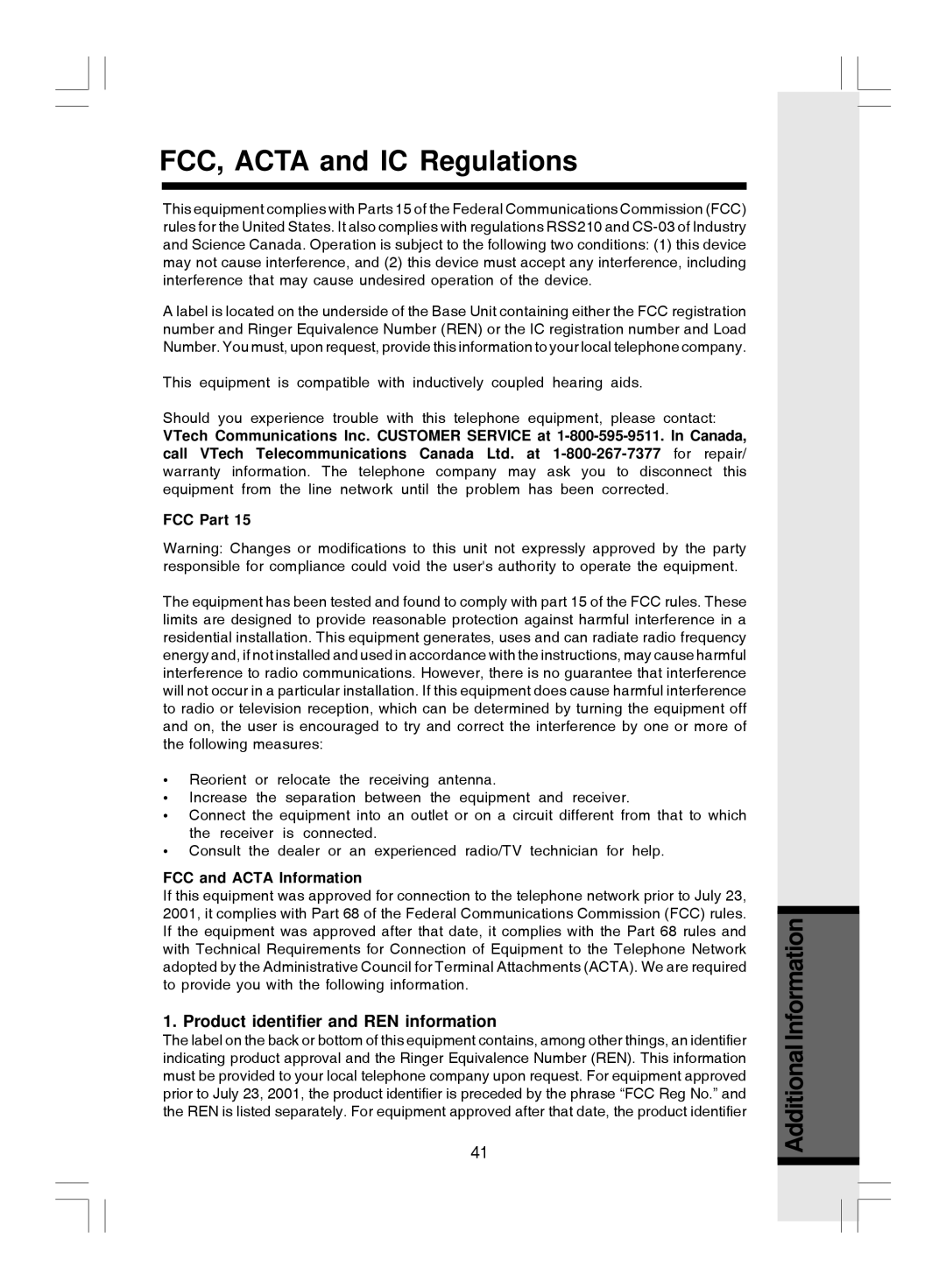 VTech i 5866 FCC, Acta and IC Regulations, Product identifier and REN information, FCC Part, FCC and Acta Information 