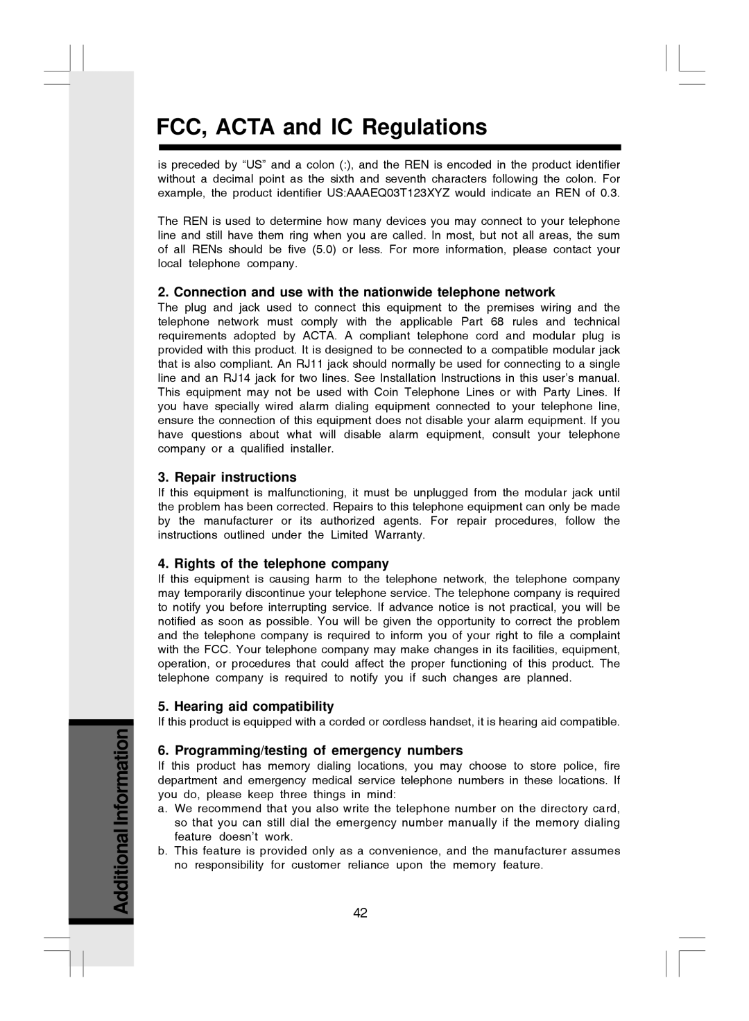 VTech i 5866 Connection and use with the nationwide telephone network, Repair instructions, Hearing aid compatibility 