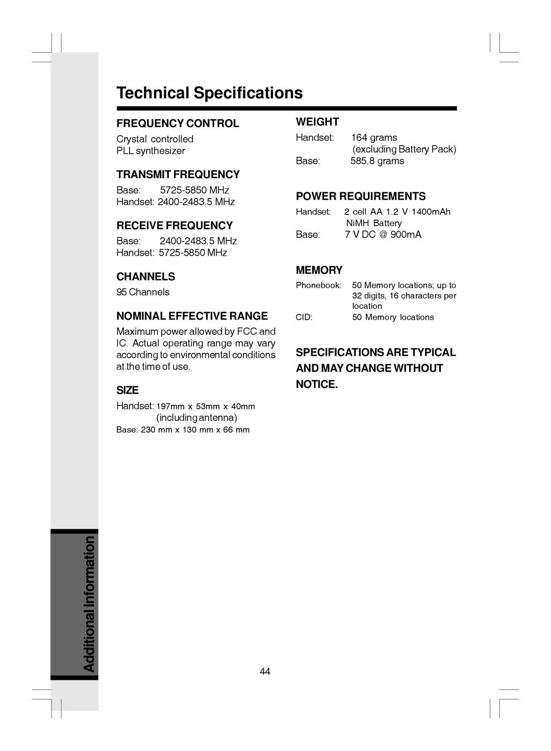 VTech i 5866 important safety instructions Technical Specifications, Nominal Effective Range 