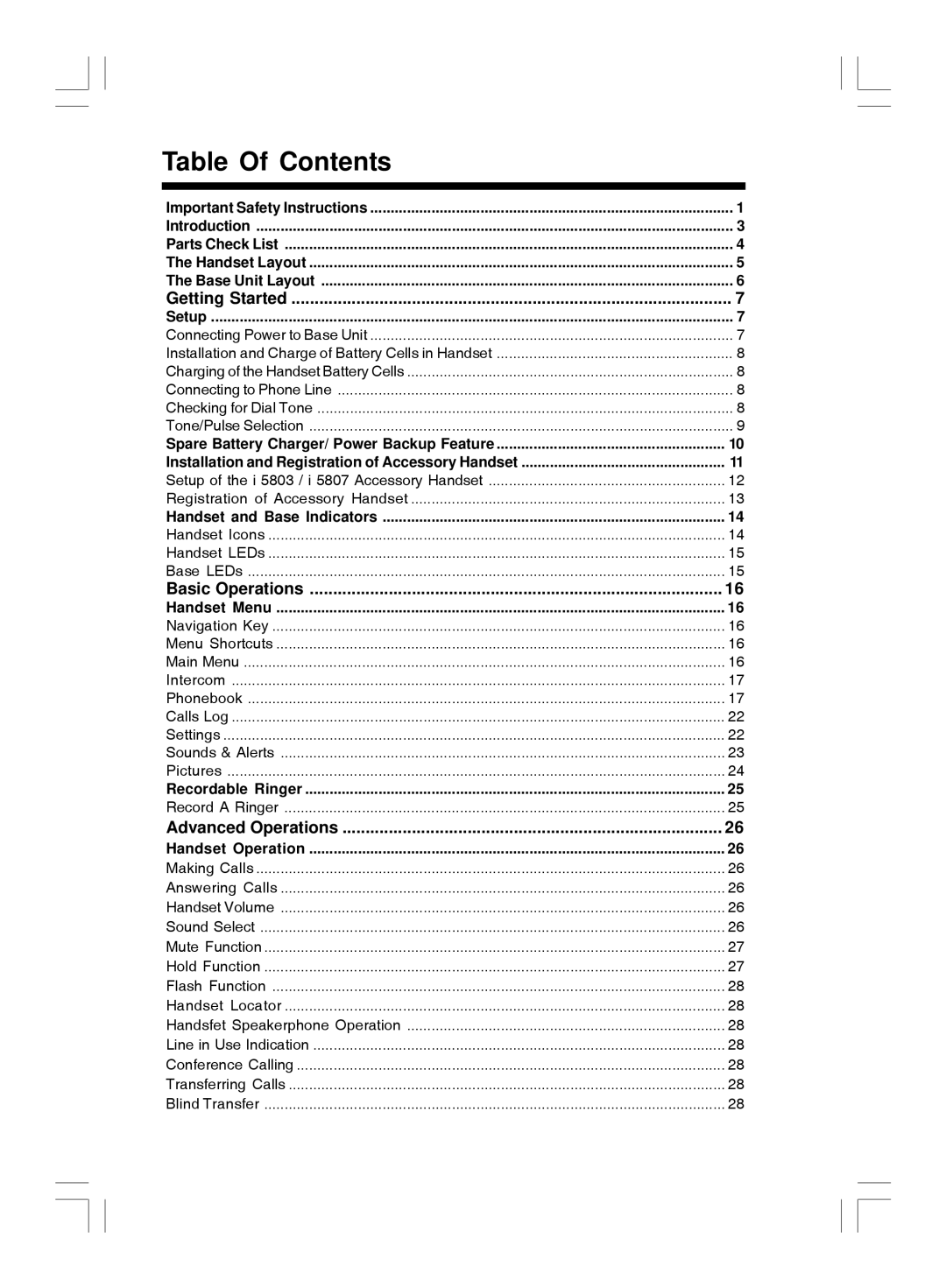 VTech i 5866 important safety instructions Table Of Contents 