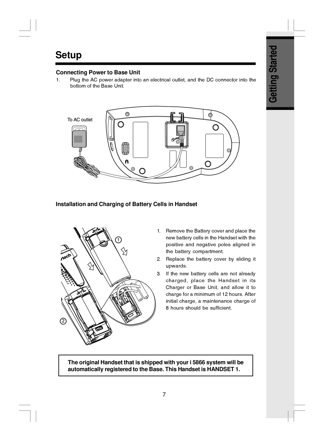 VTech i 5866 Setup, Connecting Power to Base Unit, Installation and Charging of Battery Cells in Handset 