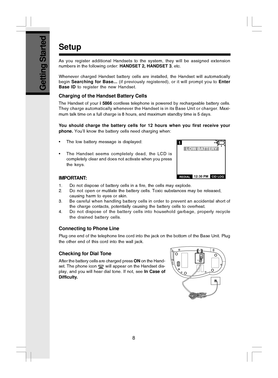 VTech i 5866 Getting Started Setup, Charging of the Handset Battery Cells, Connecting to Phone Line, Difficulty 