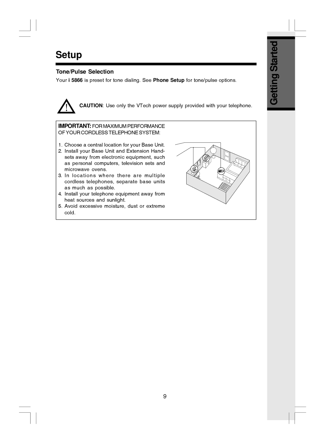 VTech i 5866 important safety instructions Getting Started, Tone/Pulse Selection 