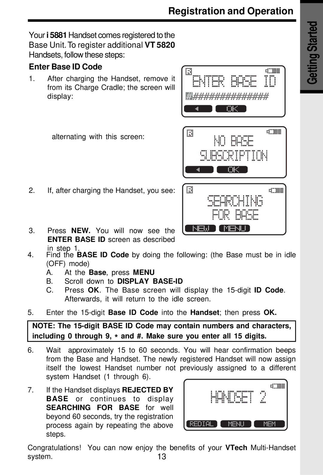 VTech i 5881 important safety instructions Enter Base ID Code 