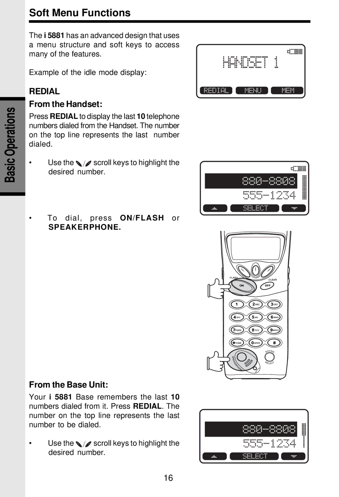 VTech i 5881 important safety instructions Soft Menu Functions, Redial, From the Handset, From the Base Unit 