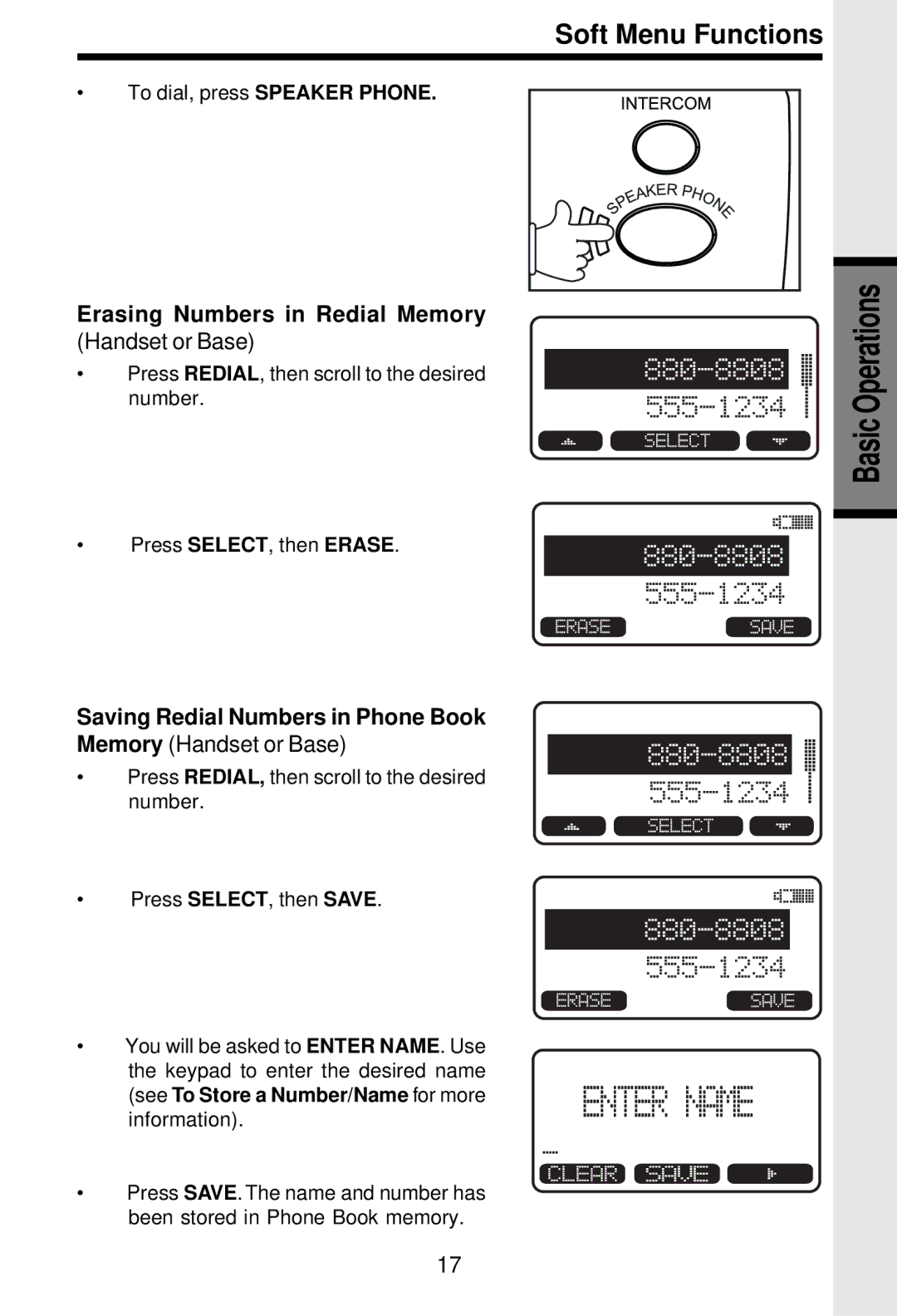 VTech i 5881 Erasing Numbers in Redial Memory, Saving Redial Numbers in Phone Book Memory Handset or Base 