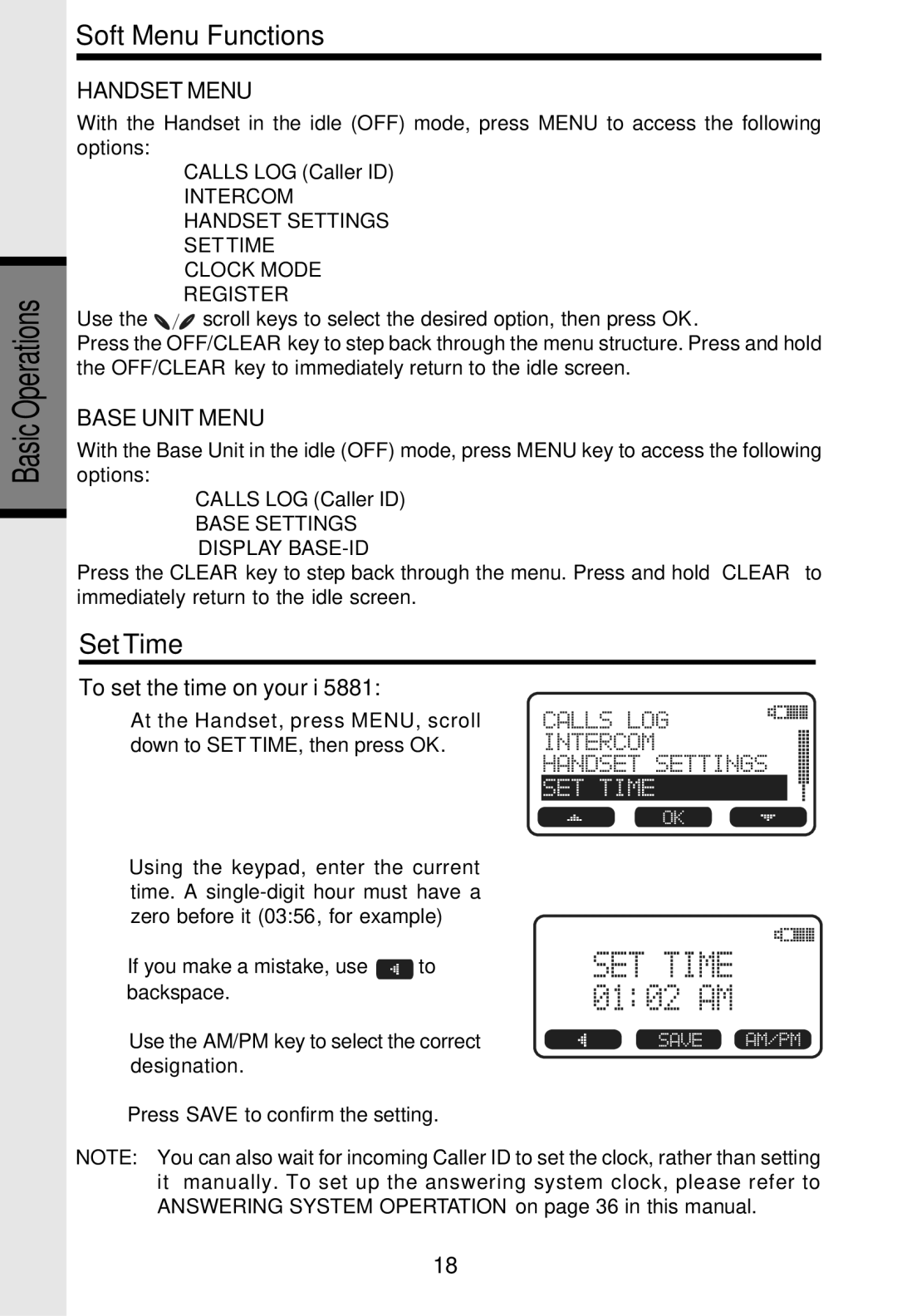 VTech i 5881 important safety instructions Set Time, Handset Menu, Base Unit Menu 