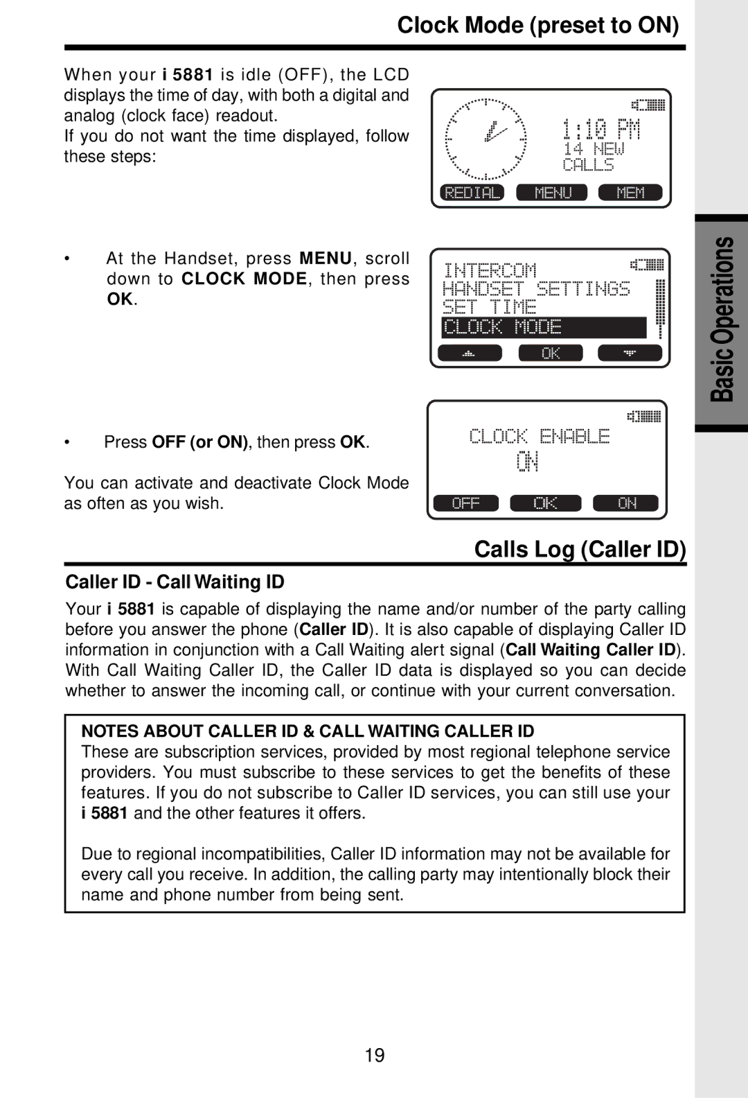 VTech i 5881 important safety instructions Clock Mode preset to on, Calls Log Caller ID, Caller ID Call Waiting ID 