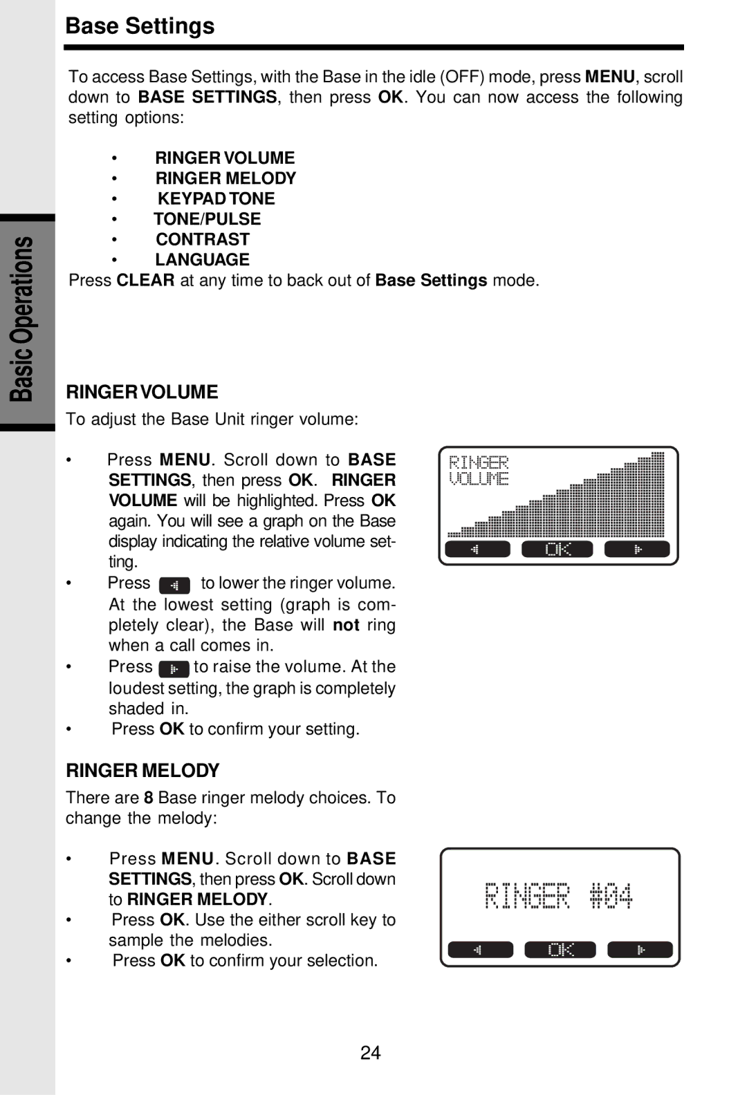 VTech i 5881 important safety instructions Base Settings, Ringervolume, Settings , then press OK . Ringer 