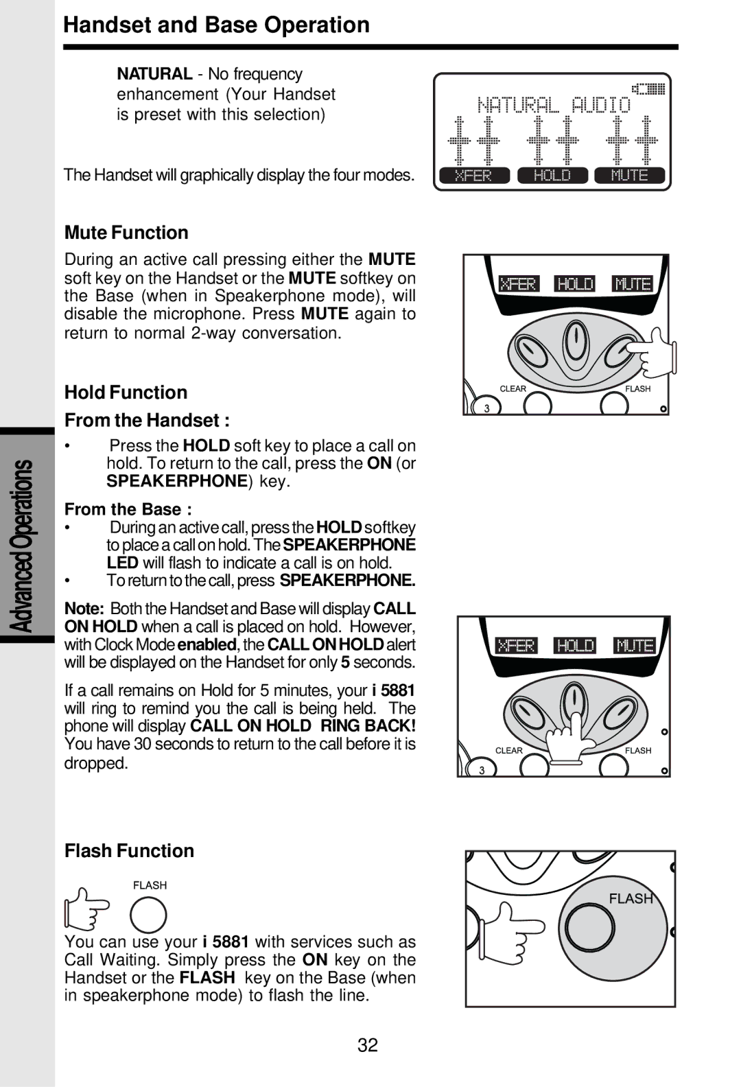 VTech i 5881 important safety instructions Mute Function, Hold Function From the Handset, Flash Function, From the Base 