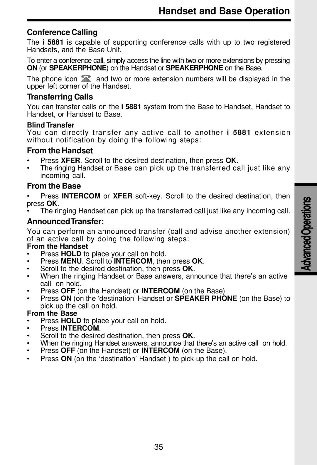 VTech i 5881 important safety instructions Conference Calling, Transferring Calls, From the Base, AnnouncedTransfer 