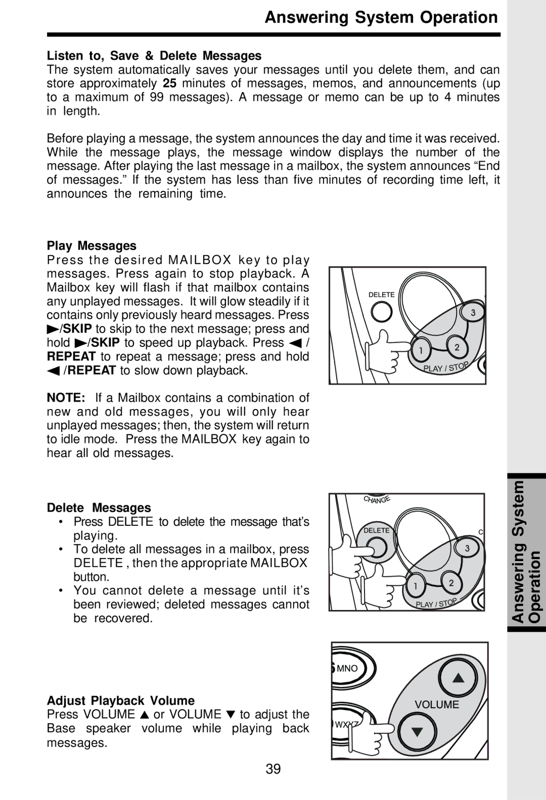 VTech i 5881 important safety instructions Listen to, Save & Delete Messages, Play Messages, Adjust Playback Volume 