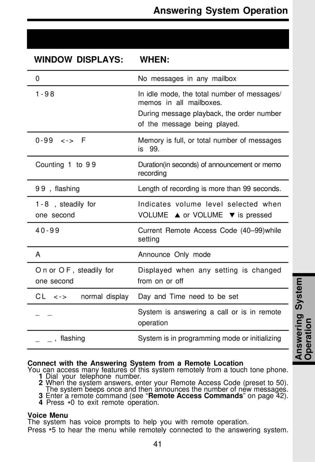 VTech i 5881 important safety instructions Connect with the Answering System from a Remote Location, Voice Menu 