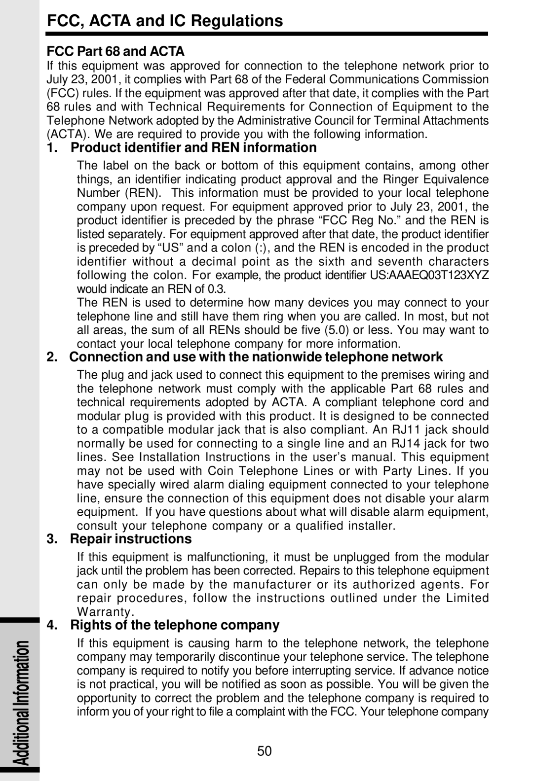 VTech i 5881 FCC Part 68 and Acta, Product identifier and REN information, Repair instructions 