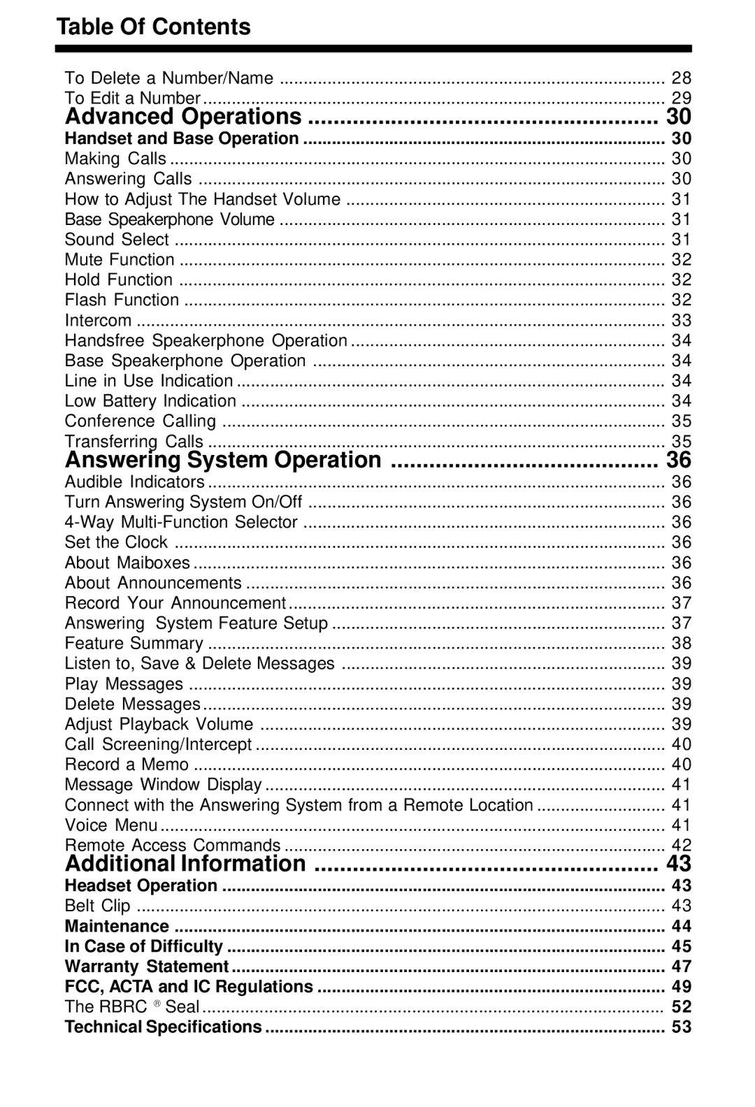 VTech i 5881 Table Of Contents, Advanced Operations, Additional Information, Handset and Base Operation, Headset Operation 