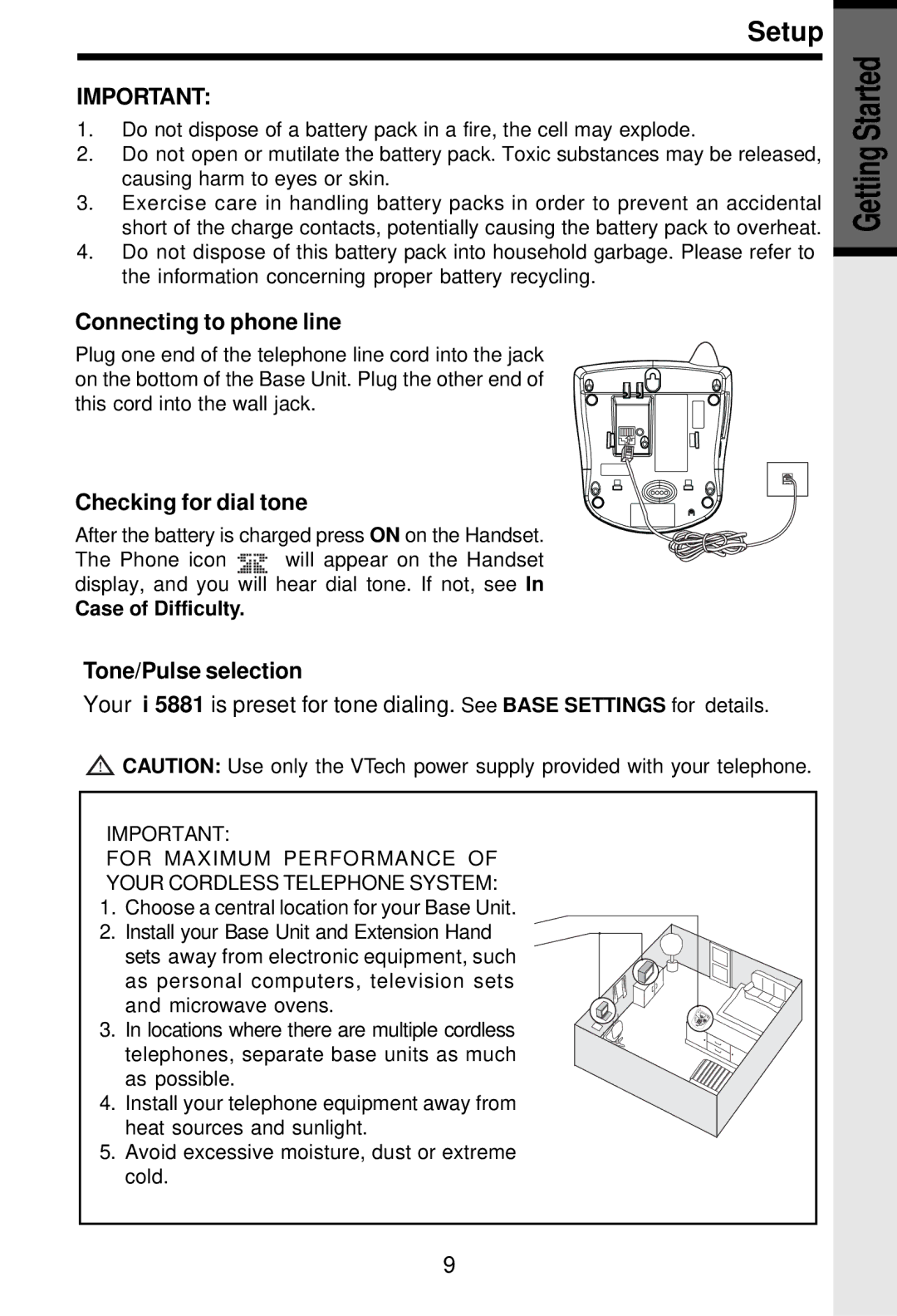 VTech i 5881 Connecting to phone line, Checking for dial tone, Tone/Pulse selection, Case of Difficulty 