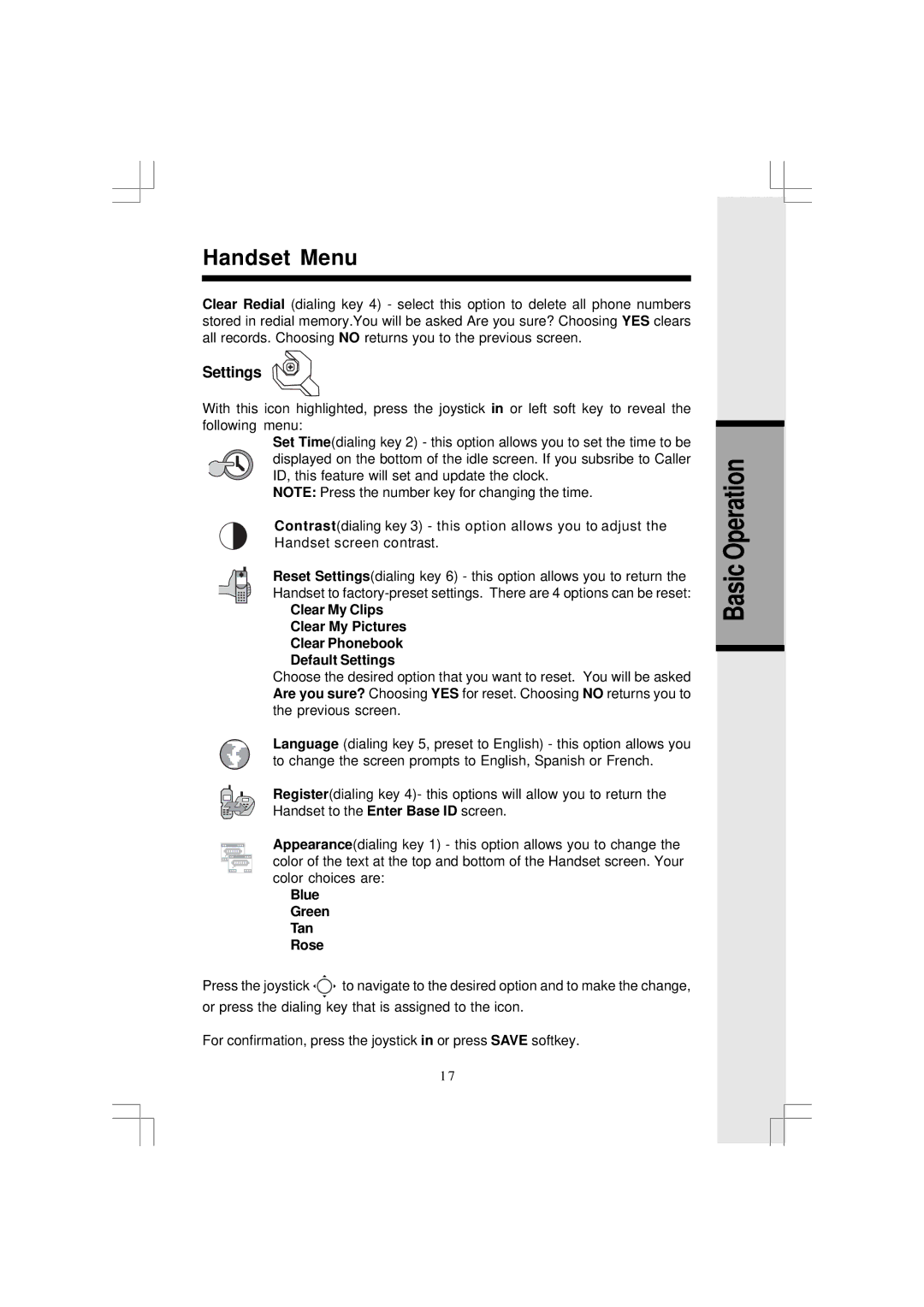 VTech i 5881 user manual Settings, Blue Green Tan Rose 