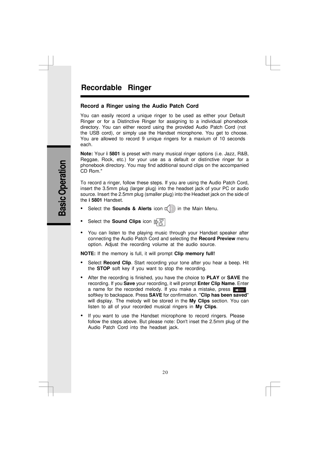 VTech i 5881 user manual Basic Operation Recordable Ringer, Record a Ringer using the Audio Patch Cord 