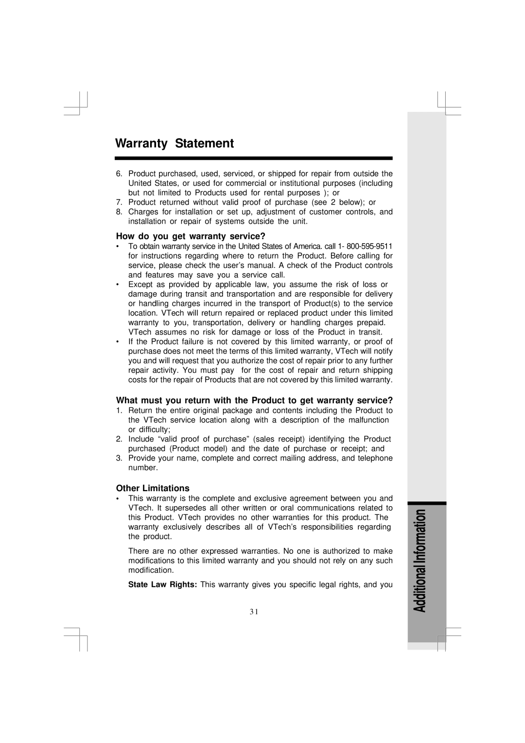 VTech i 5881 user manual How do you get warranty service?, Other Limitations 