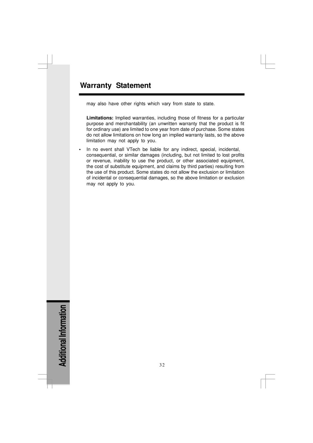 VTech i 5881 user manual Warranty Statement 