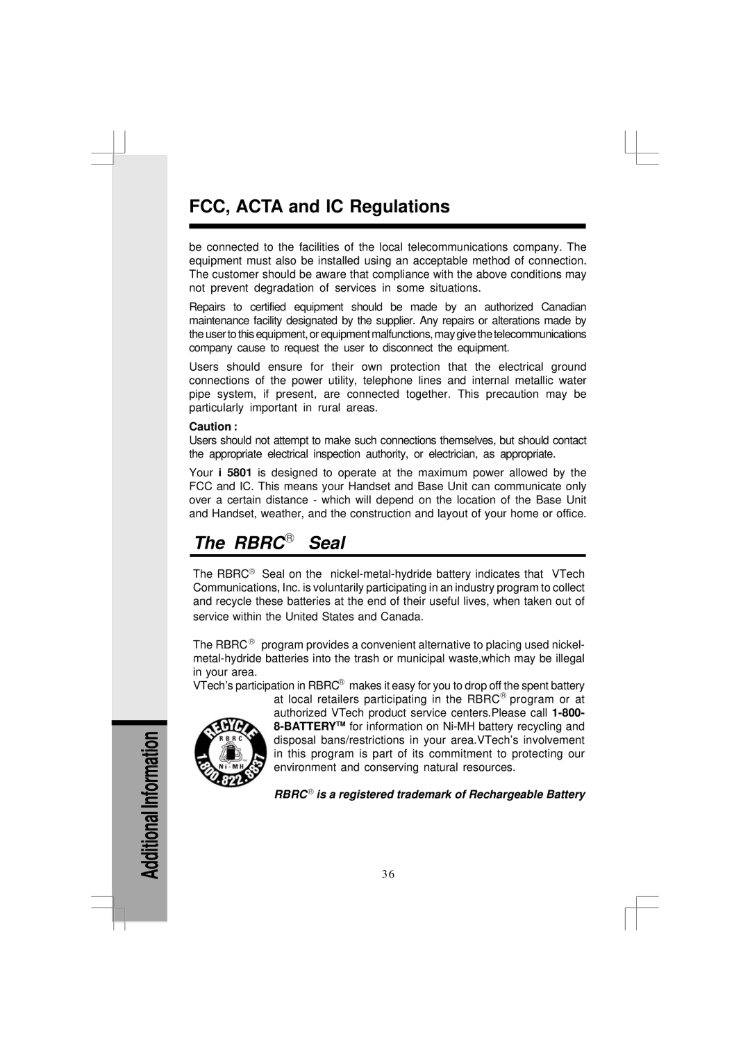 VTech i 5881 user manual Rbrc R Seal 