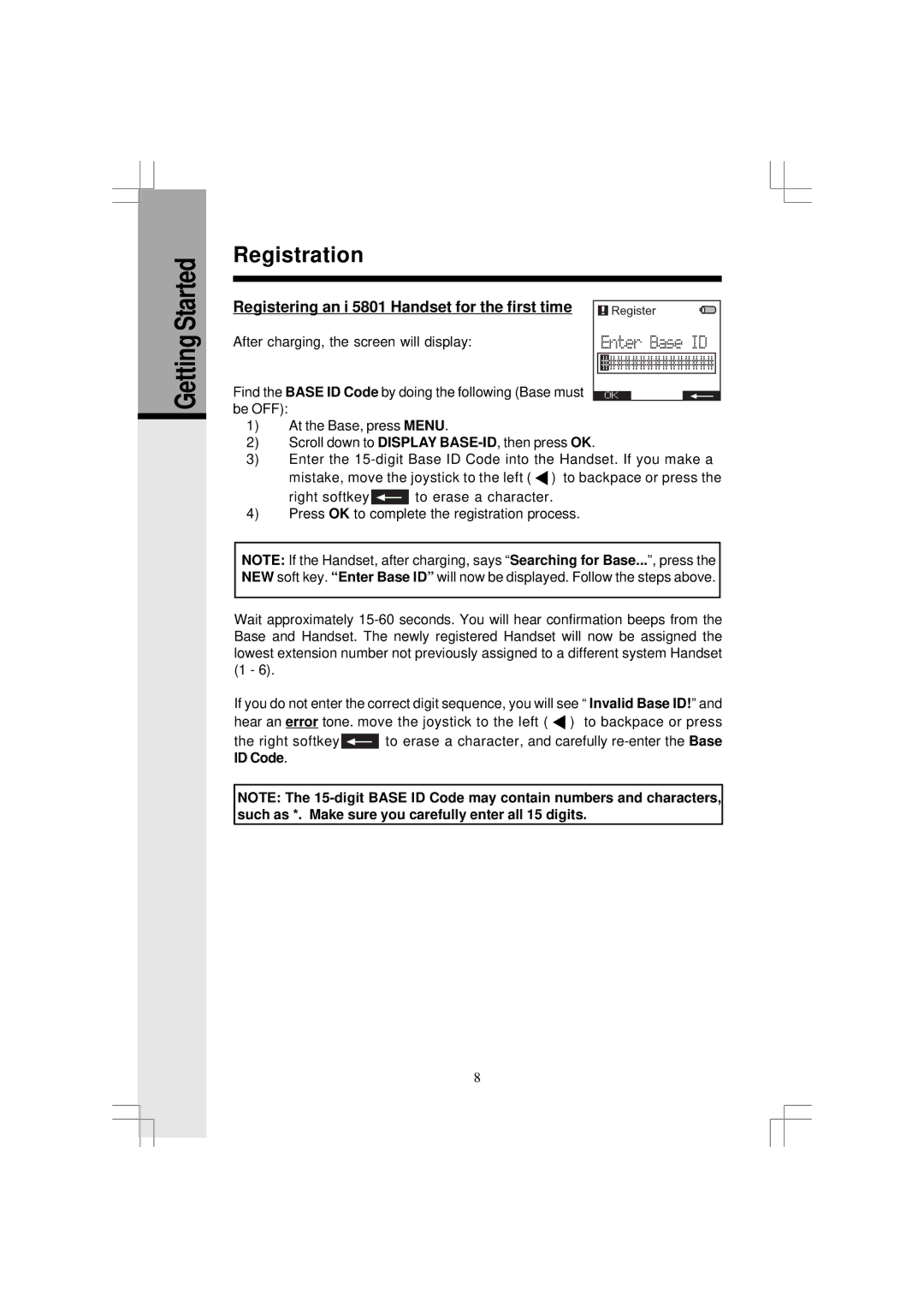 VTech i 5881 user manual Getting Started Registration, Registering an i 5801 Handset for the first time 