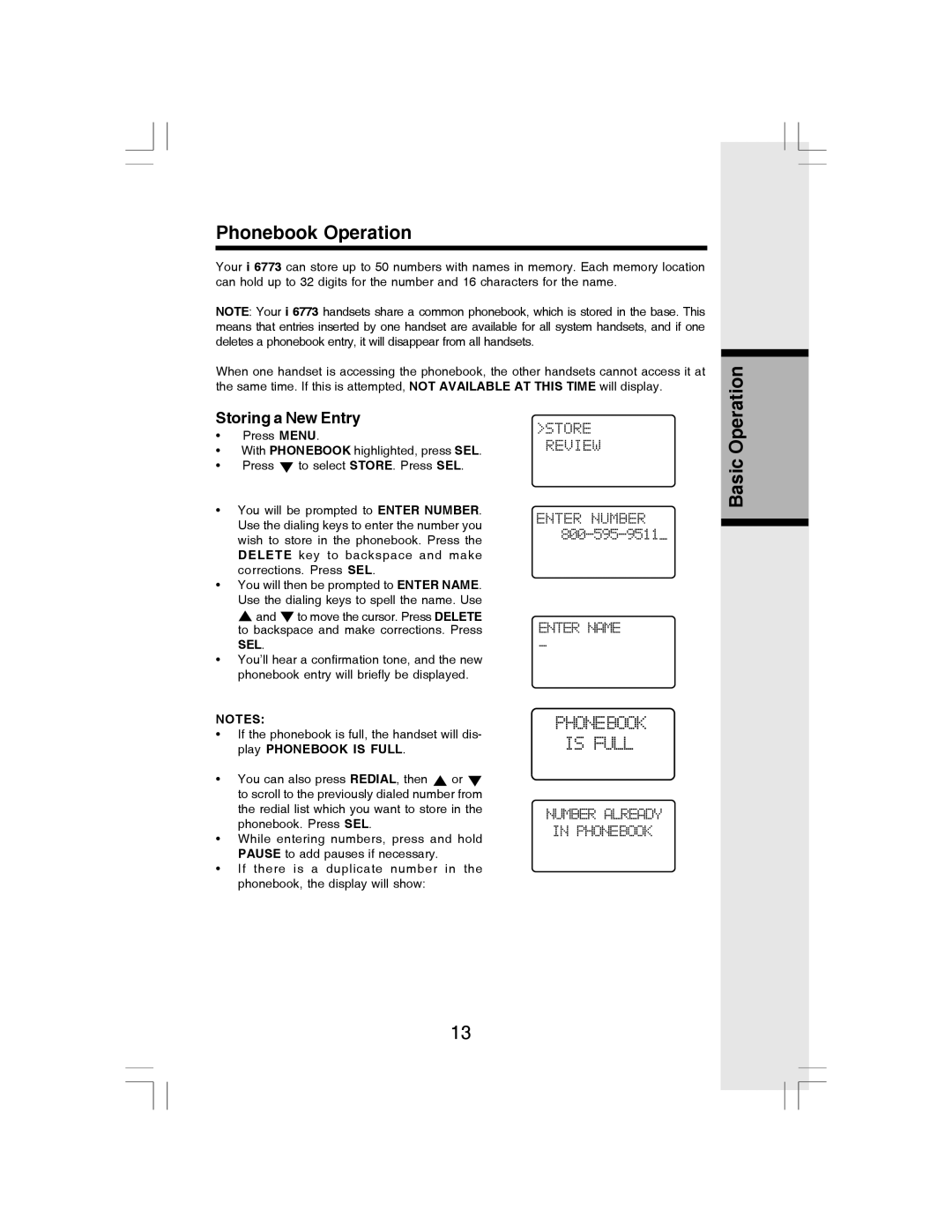 VTech i 6773 manual Phonebook Operation, Storing a New Entry 