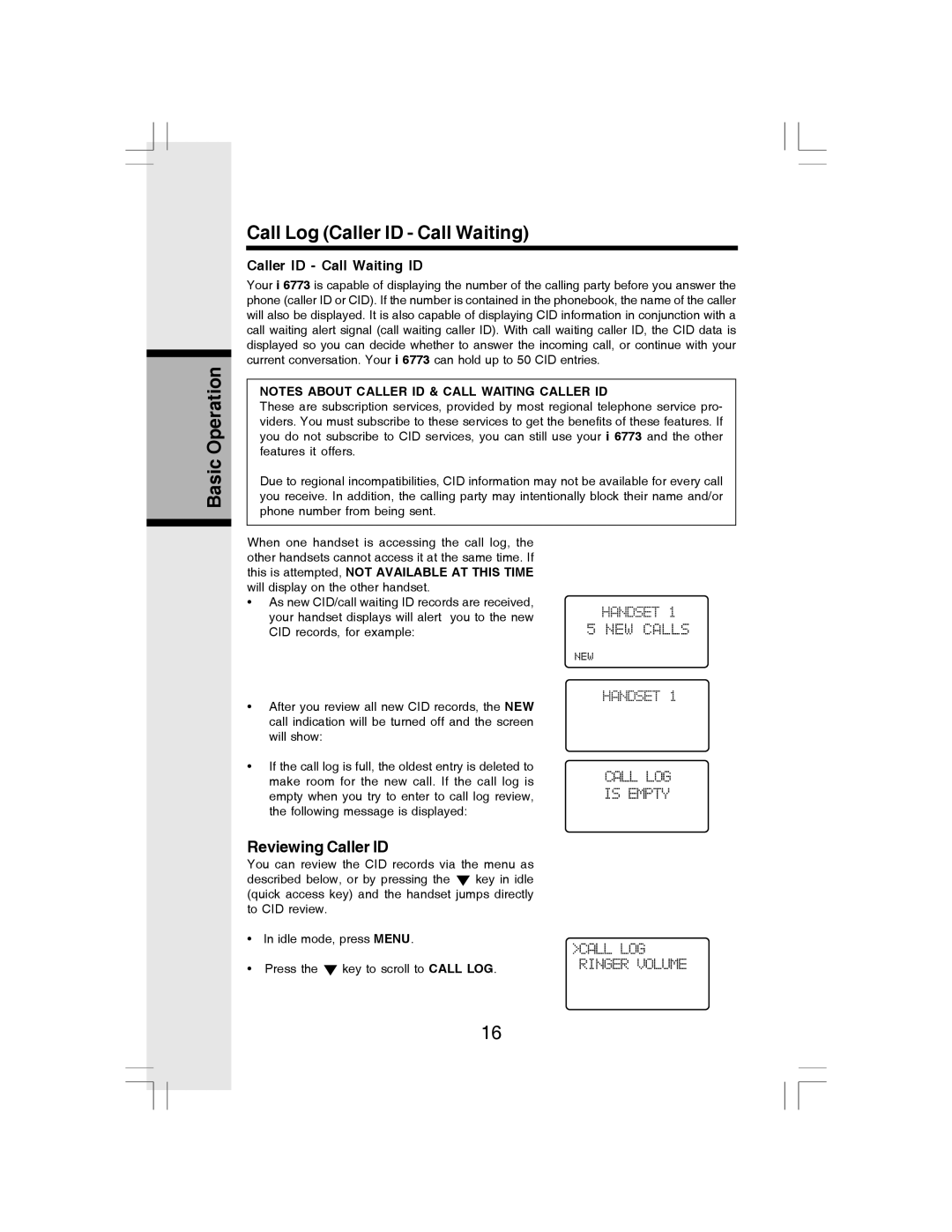 VTech i 6773 manual Basic Operation Call Log Caller ID Call Waiting, Reviewing Caller ID, Caller ID Call Waiting ID 