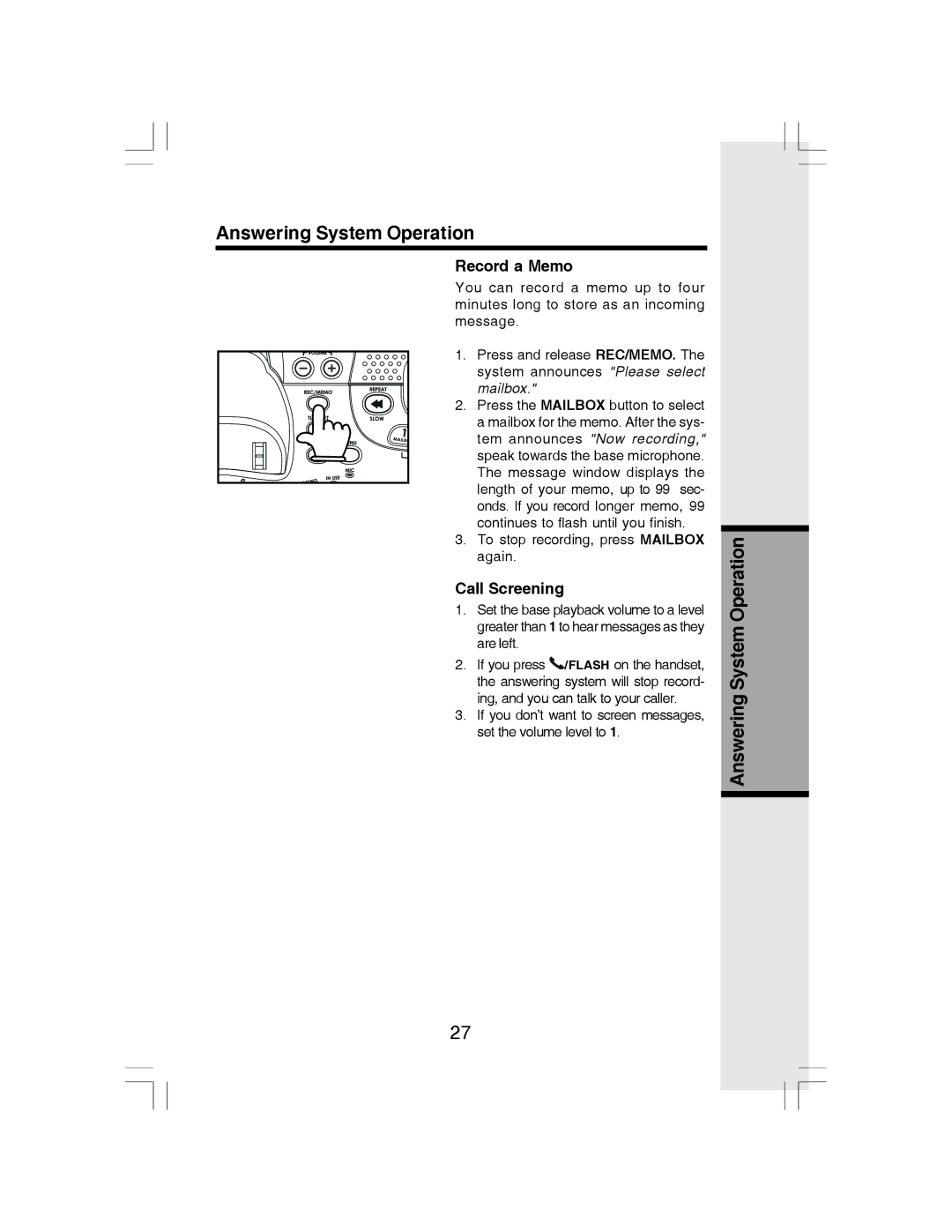 VTech i 6773 manual Record a Memo, Call Screening 