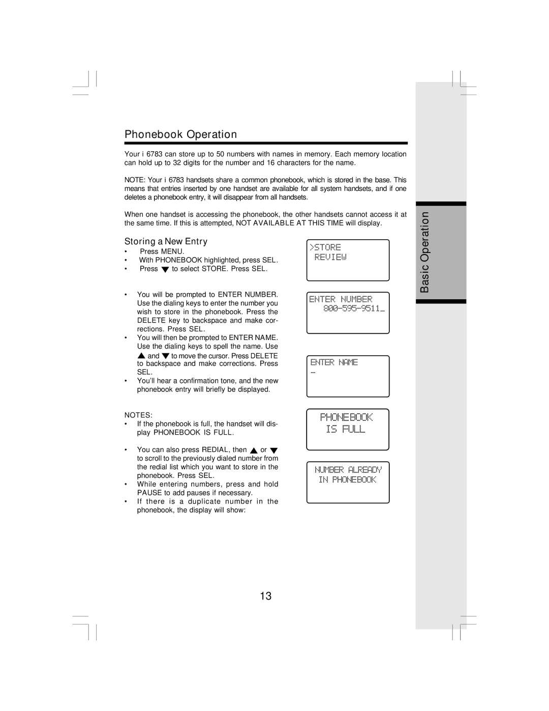 VTech I 6783 important safety instructions Phonebook Operation, Storing a New Entry 