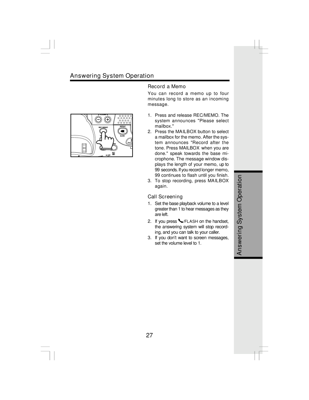 VTech I 6783 important safety instructions Record a Memo, Call Screening 