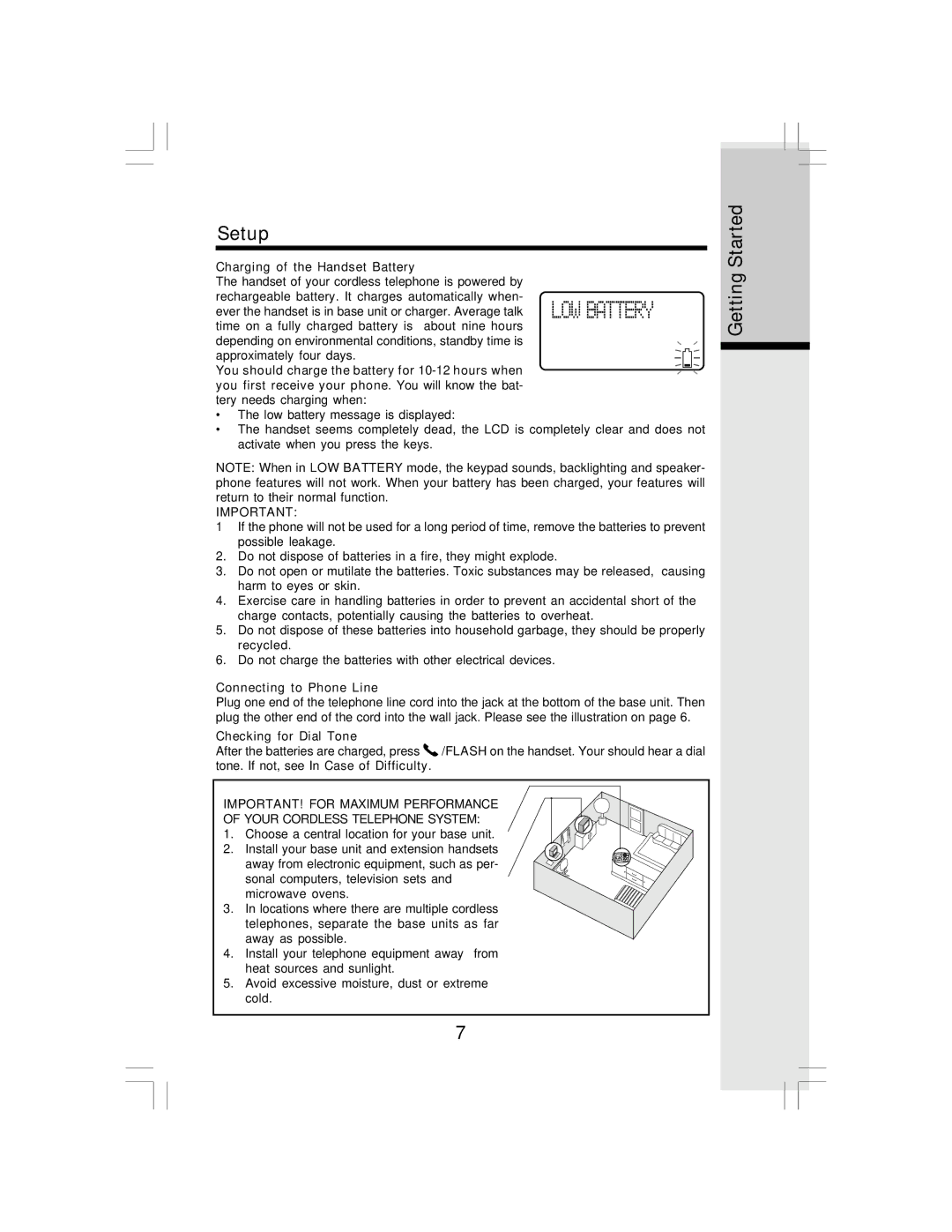 VTech I 6783 important safety instructions Getting Started, Charging of the Handset Battery 