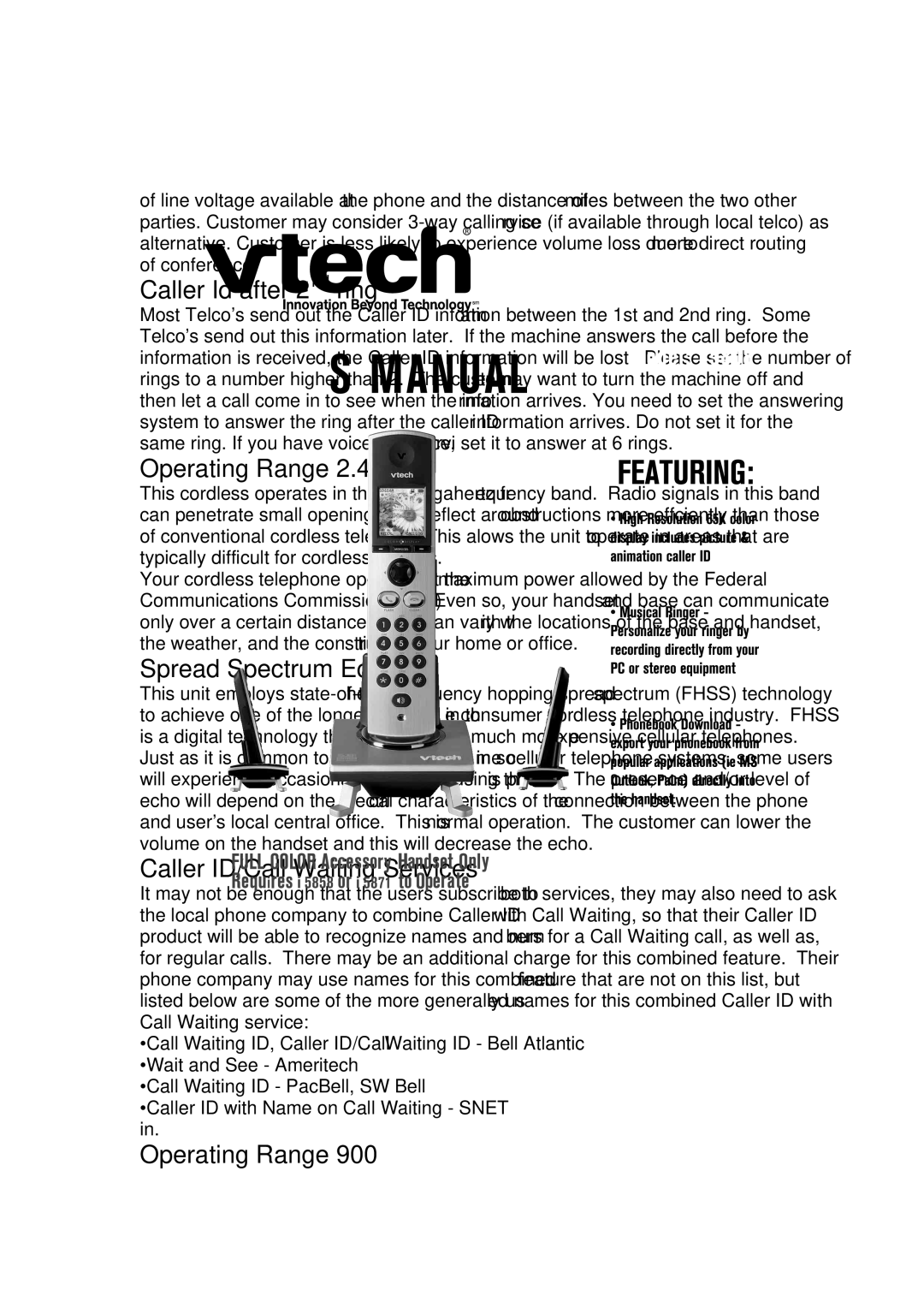 VTech I5808 manual Caller Id after 2nd ring, Operating Range, Spread Spectrum Echo, Caller ID/Call Waiting Services 