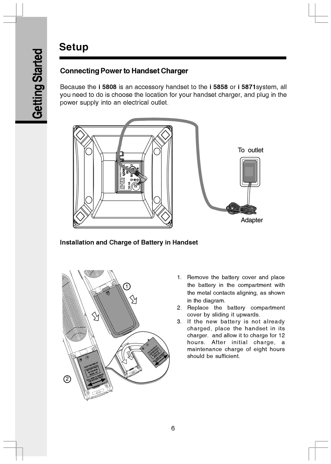 VTech I5808 manual Getting Started Setup, Installation and Charge of Battery in Handset 