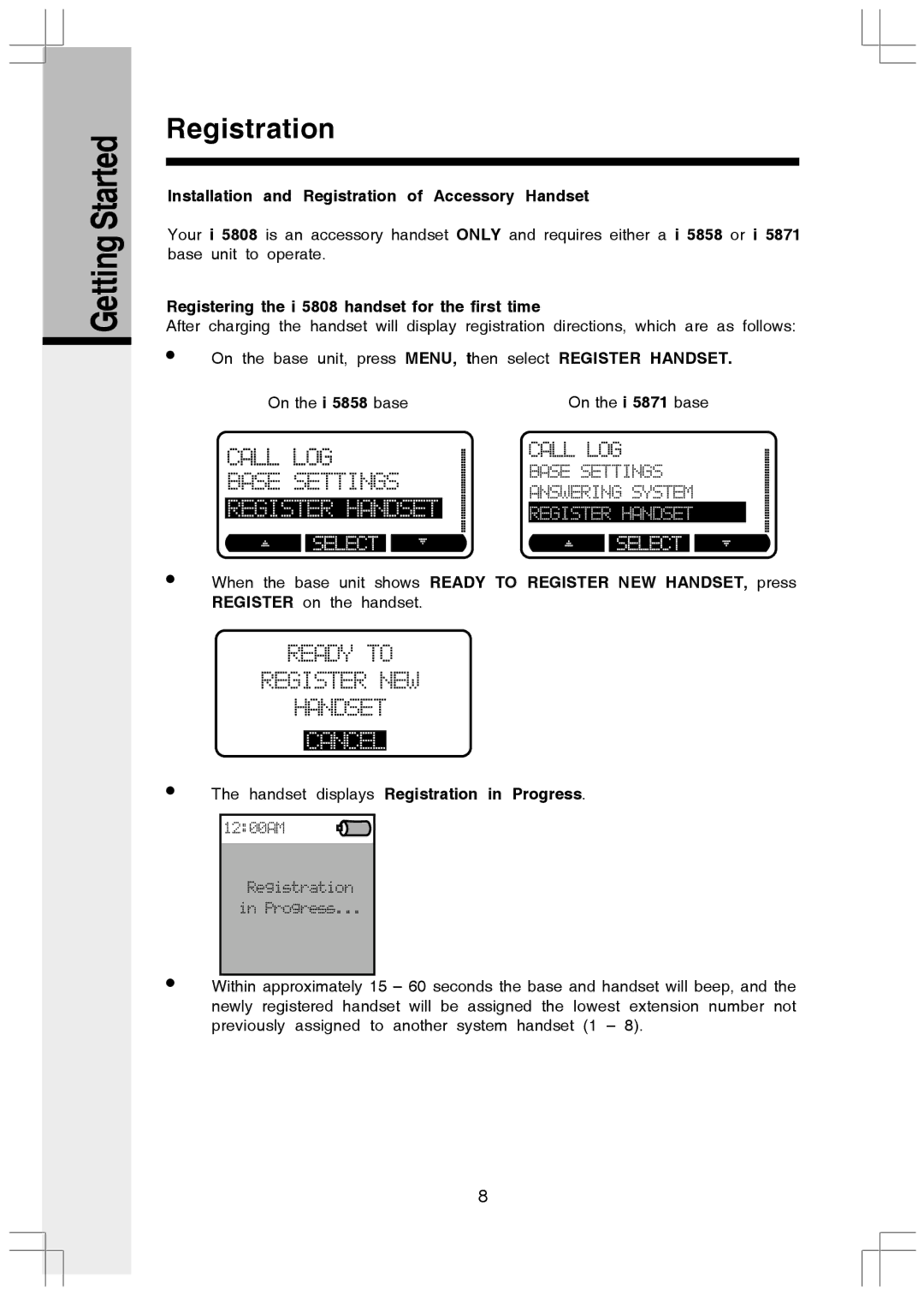 VTech I5808 manual Getting Started Registration, Installation and Registration of Accessory Handset 