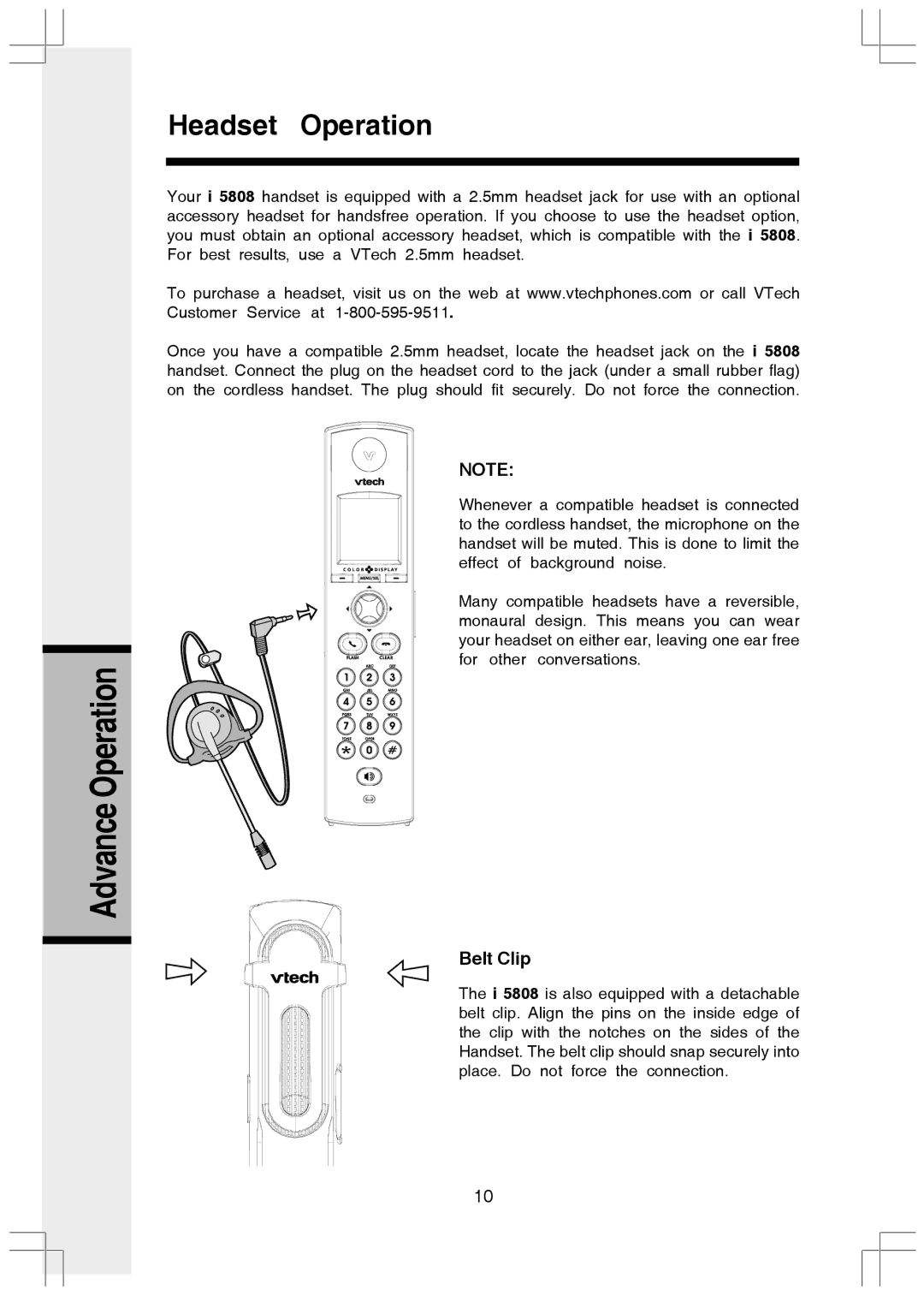 VTech I5808 manual Headset Operation, Advance Operation, Belt Clip 