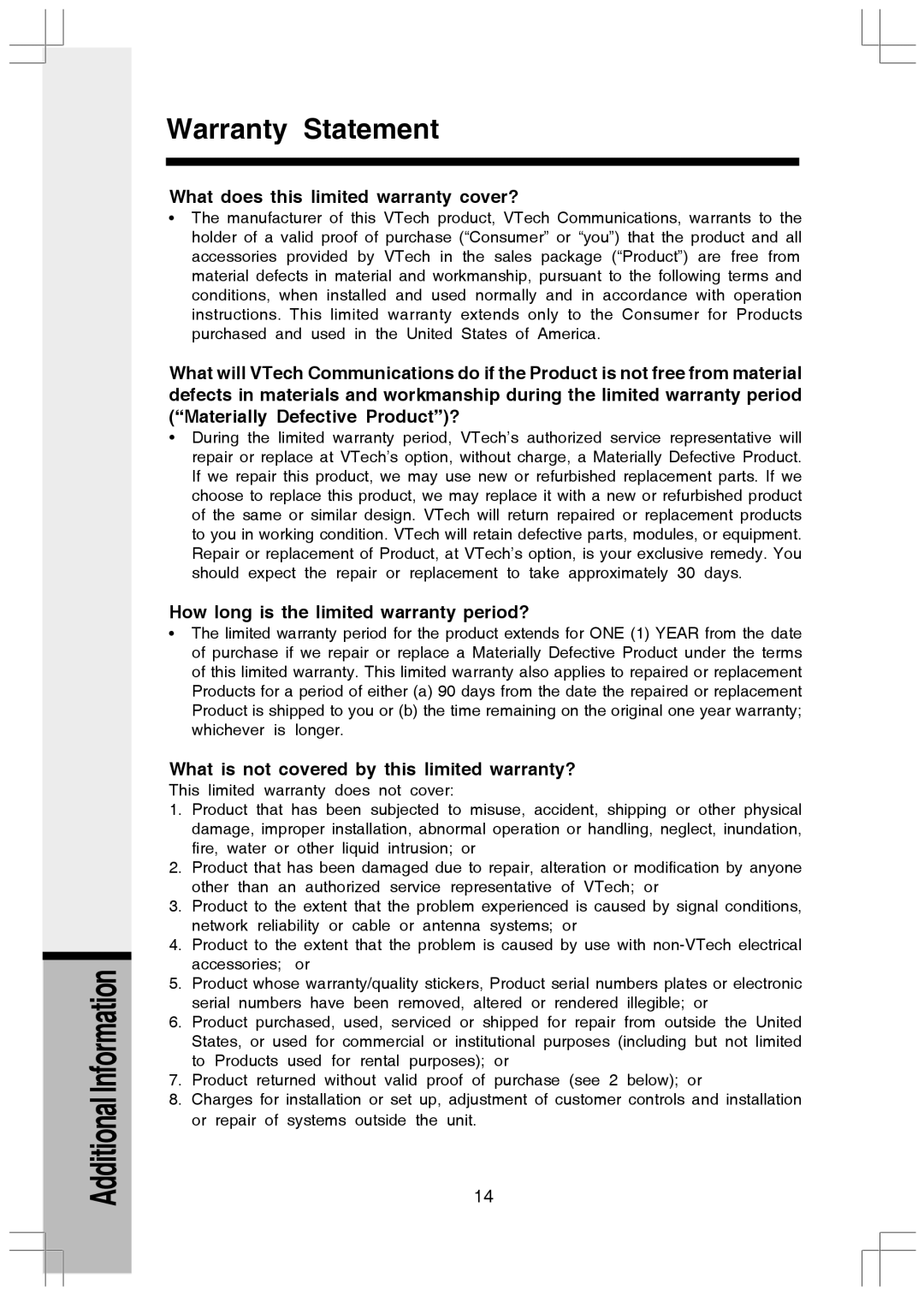 VTech I5808 manual Warranty Statement, What does this limited warranty cover?, How long is the limited warranty period? 